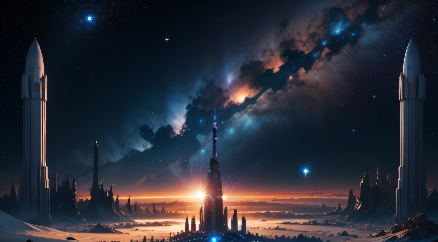 outer_space, falling stars, pillars, shield, city on planet, universe --auto