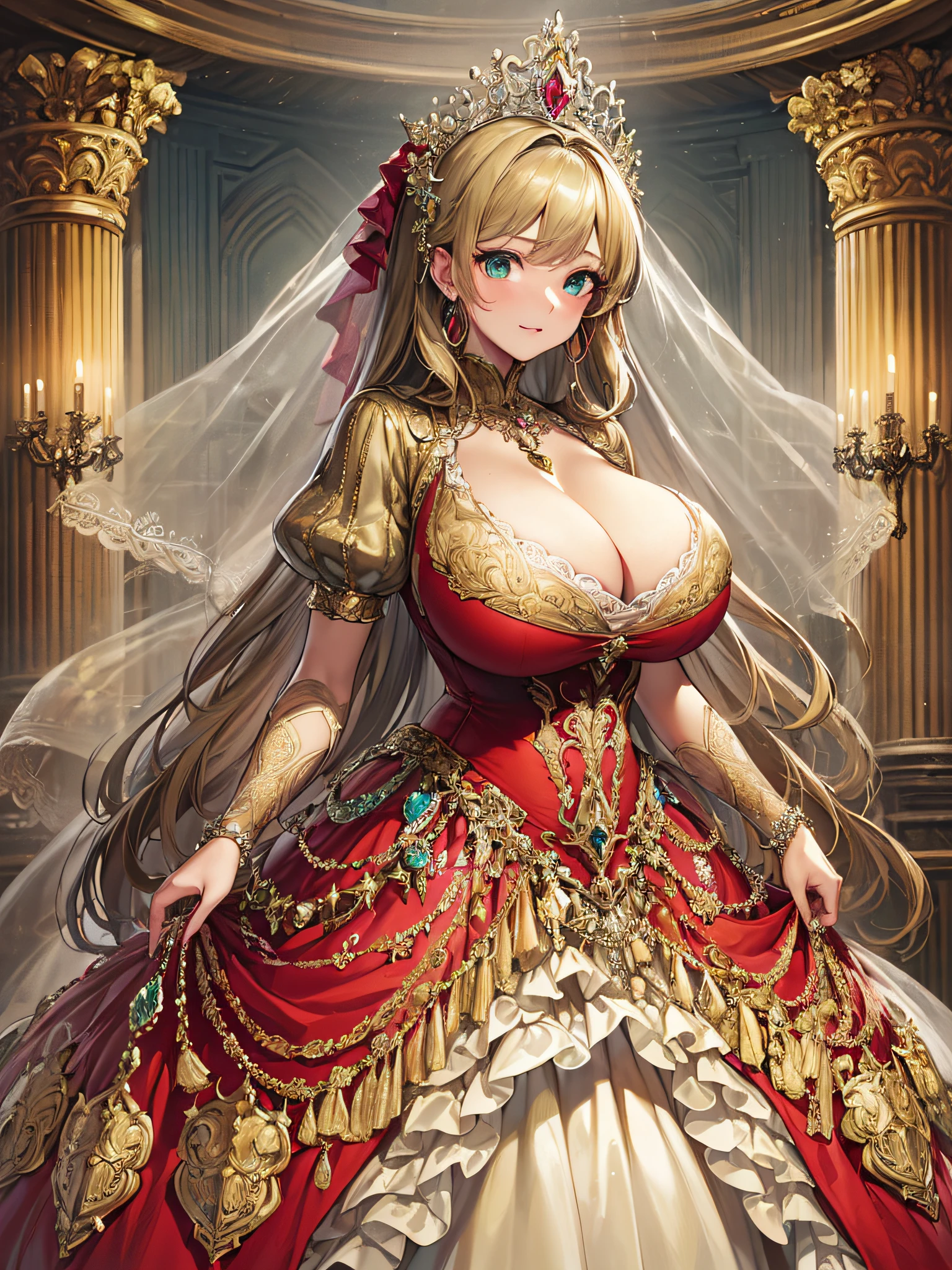 (masterpiece, best quality,extremely detailed:1.1),(moe anime art style:1.3),1 girl,((full body portrait)),standing in palace of versailles,((solo)),cute,kawaii,digital art,(((1 princess in gorgeous princess rococo ballgown with voluminous full length hoop skirt))),((crinoline)),long train,((beautiful embroidery and jeweled)),voluminous frills,See-through,(gorgeous embroidery and beautiful lace),(((gigantic tits,skindentation,cleavage))),((large amount of straight hair,extremely voluminous Hair,Very Long Straight Hair)),((finely detailed face and eyes)),clear pupil,extremely gorgeousfull hair ornament,(bling-bling jeweled extremely gorgeousfull tiara),(bling-bling gorgeous gemstone jewelry),long veil,(beautiful background),full body,((gorgeous princess rococo ballgown with voluminous full length hoop skirt))