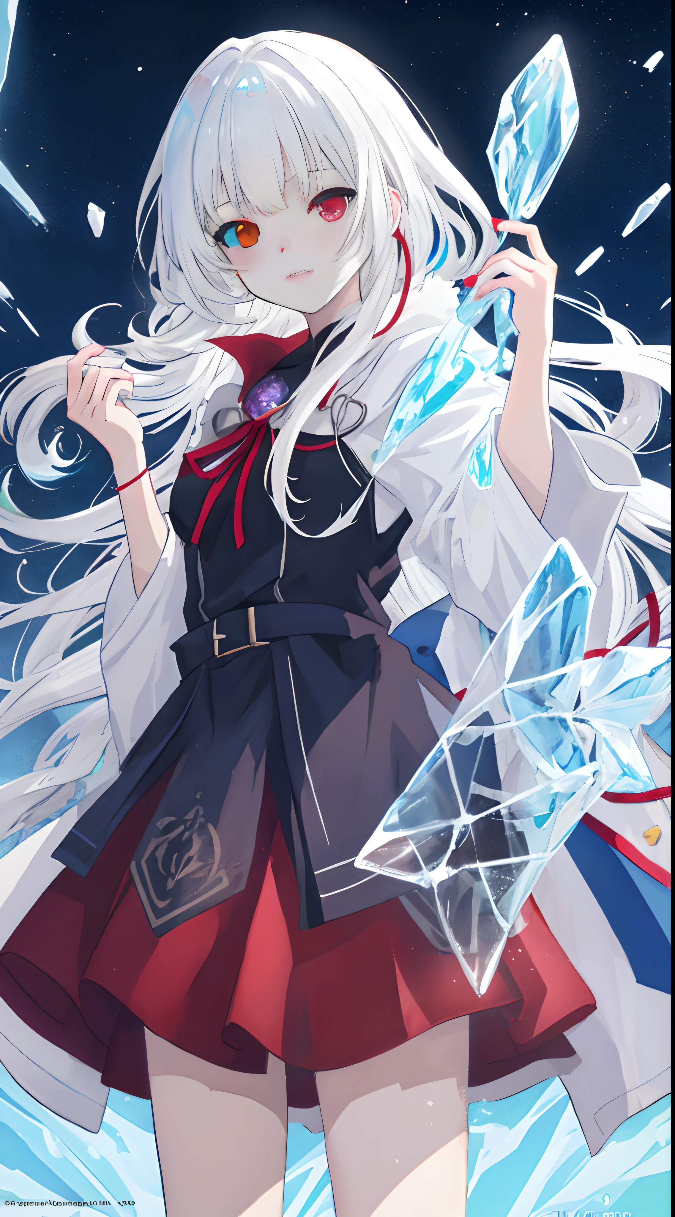 anime girl with long white hair holding a ice sword, ice magic circle, best anime 4k konachan wallpaper, white haired deity, art, anime art wallpaper 8 k, anime style 4 k, ufotable art style, detailed anime art, anime art wallpaper 4 k, anime art wallpaper 4k, white haired, anime wallaper, (((heterochromia, blue and red eyes)))