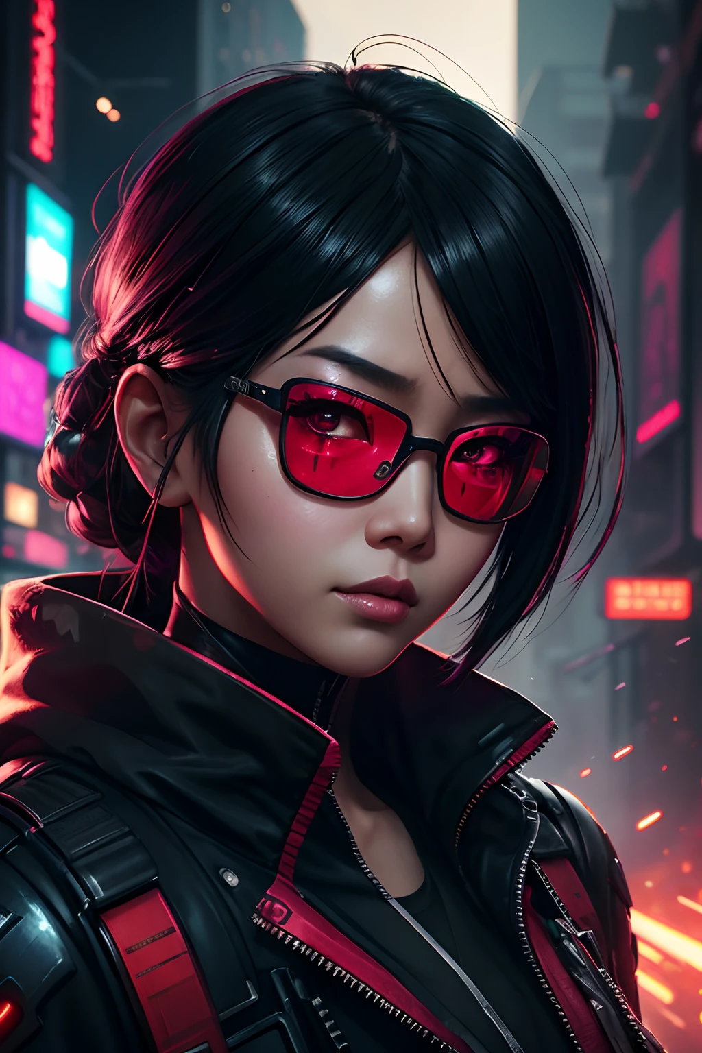 A intricate close up portrait of a beautiful, neonpunk dystopian asian girl , dramatic glitter makeup, goggles futuristic lenses art by wlop, Ismail Inceoglu, bagshaw and artgerm, high rossdraws, guweiz and wlop and ilya kuvshinov, makoto shinkai, dynamic, rim light, intricate, sharpened, highest resolution, 8k, octane render, unreal engine, colorful, red and black silk, black lashes background, urban cyberpunk asian city, beautiful scene