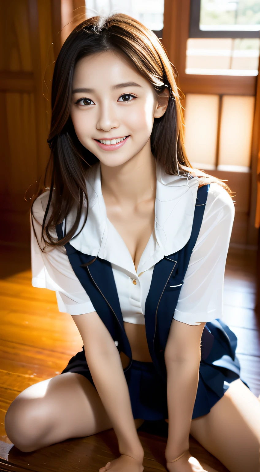 ((Highest quality、Masterpiece、High resolution))、(Zoom photo of upper body:1.95、room、short hair、semen:1.85、Wet body:1.85、Wet crotch:1.85、Cleavage、A shy smile)、high school girl、Cute Face、(((High School Uniform)))