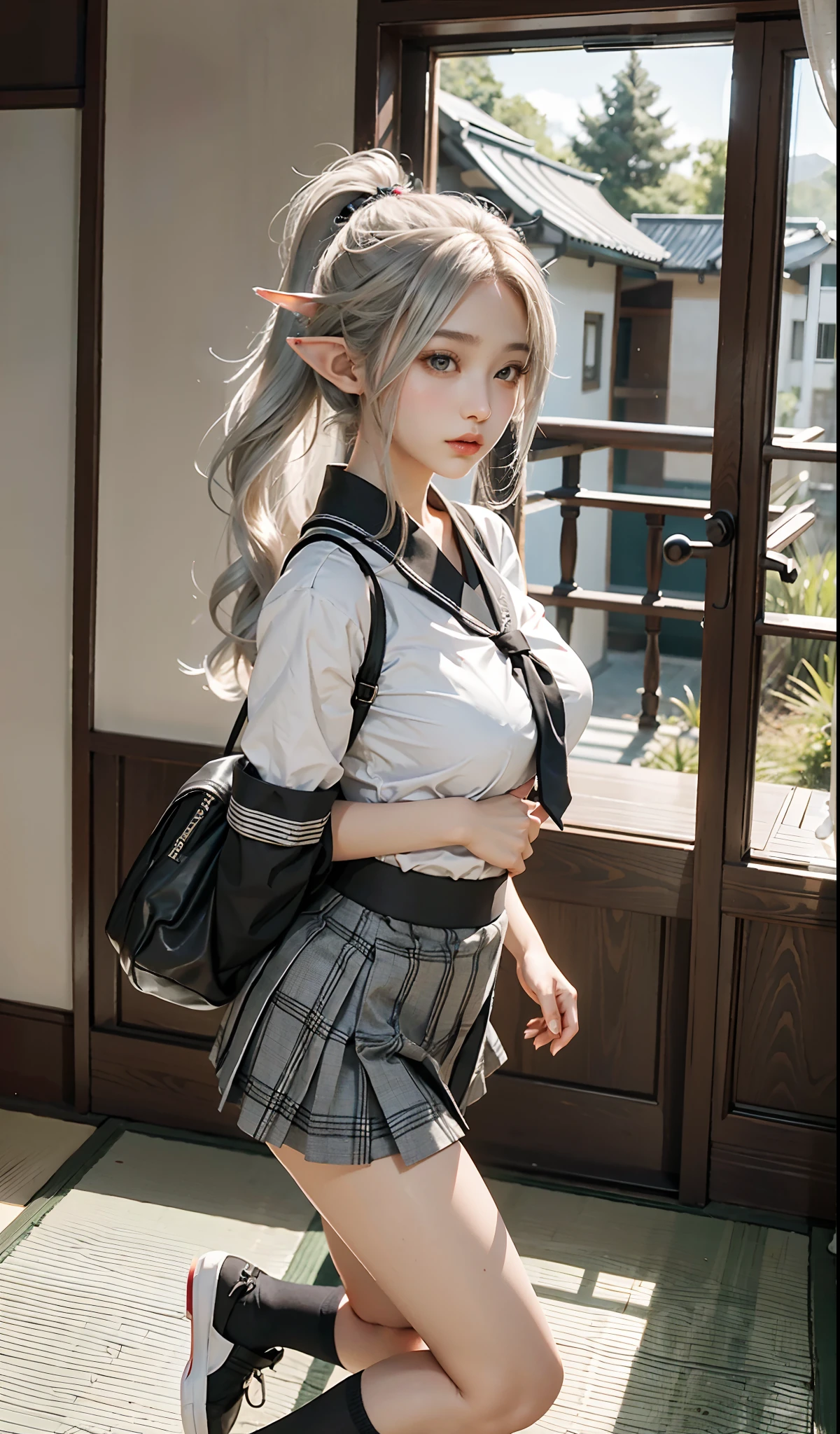 (The Road to Japanese Classics,the cherry trees:1 Elf beauty,JK school uniform),(Normal posture),tmasterpiece,A meticulously portrayed face, best qualtiy,8KRAW,Meticulous facial portrayal,realisticlying, Incredibly Ridiculous res,(Elf long ears), (Short silver-white hair,Half-tied ponytail),eye shadows,(Uniform for female high school students),eardrop,Short plaid skirt,(Black sport socks:1.9),(slippers),two longer legs,depth of fields, A high resolution, ultra - detailed, filigree, RAWE is very detailed, very detailed eyes and faces, Sharp pupils, realistic pupil, tack sharp focus, cinmatic lighting,full bodyesbian,Bigboobs,long leges,From the front side,dynamicposes,Normal posture,closeup of face