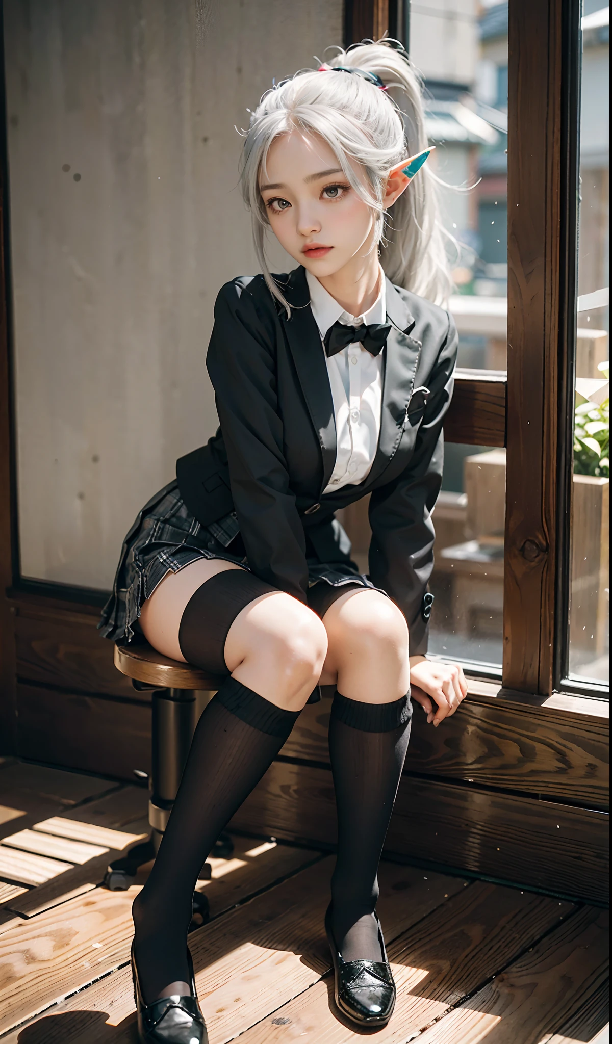 (photogenic, 8k, RAW photo, best quality, masterpiece:1.2), Blazer school uniform, mini skirt, voluptuous body, white hair, sitting at desk, black pants visible through crossed legs, pointing, beautiful face, underwear, shiny thighs, pure white skin, Japan, school girl, realistic