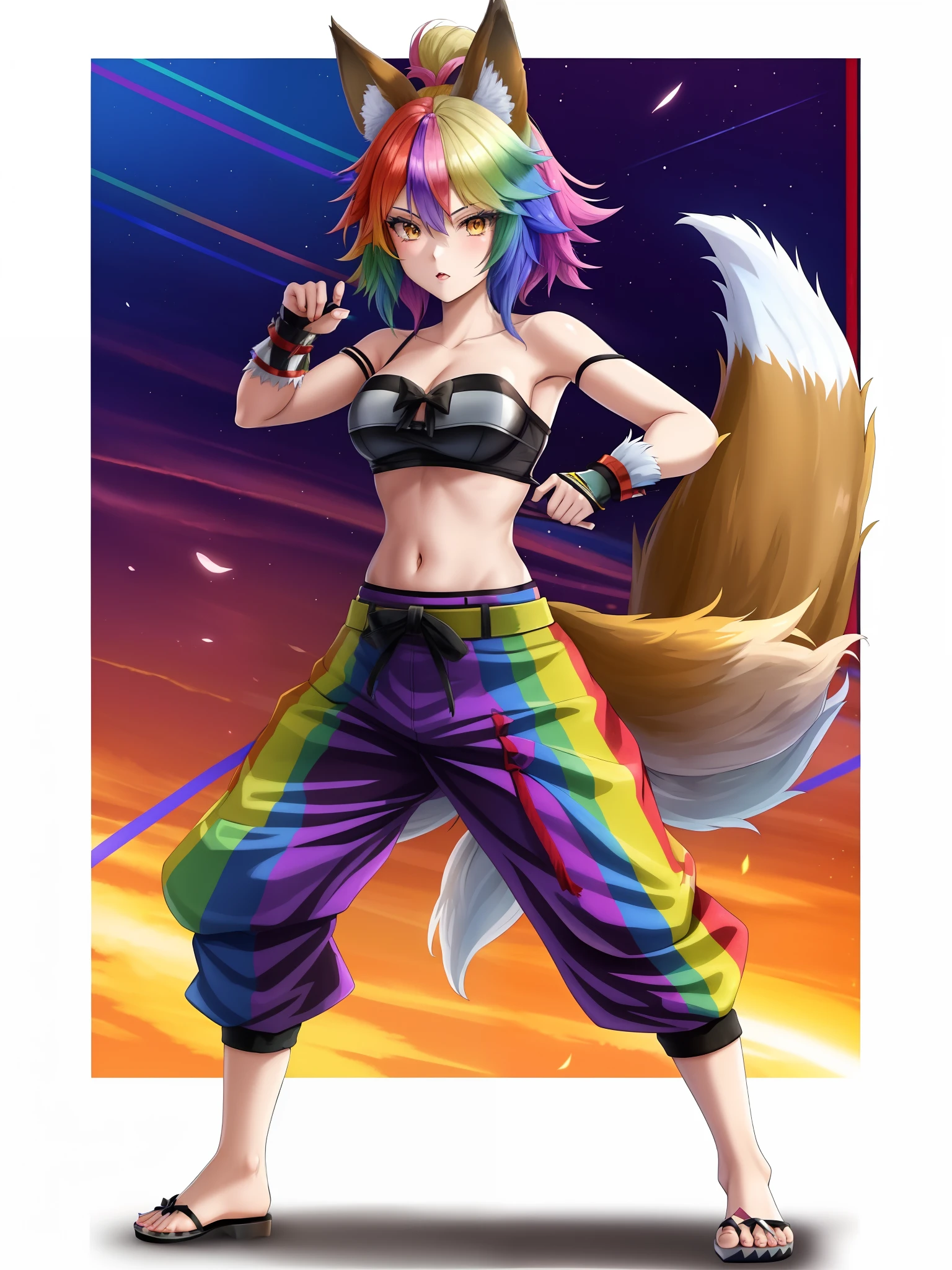 Anime girl with rainbow hair and a fox tail, raposa nobushi, full body commission for, rainbow fur, raposa, holo se uma menina lobo, como personagem em tekken, holo is a wolf girl, personagem de jogo de luta, personagem de anime; arte de corpo inteiro, female fursona, personagem estilo anime, !!retrato de corpo inteiro!!