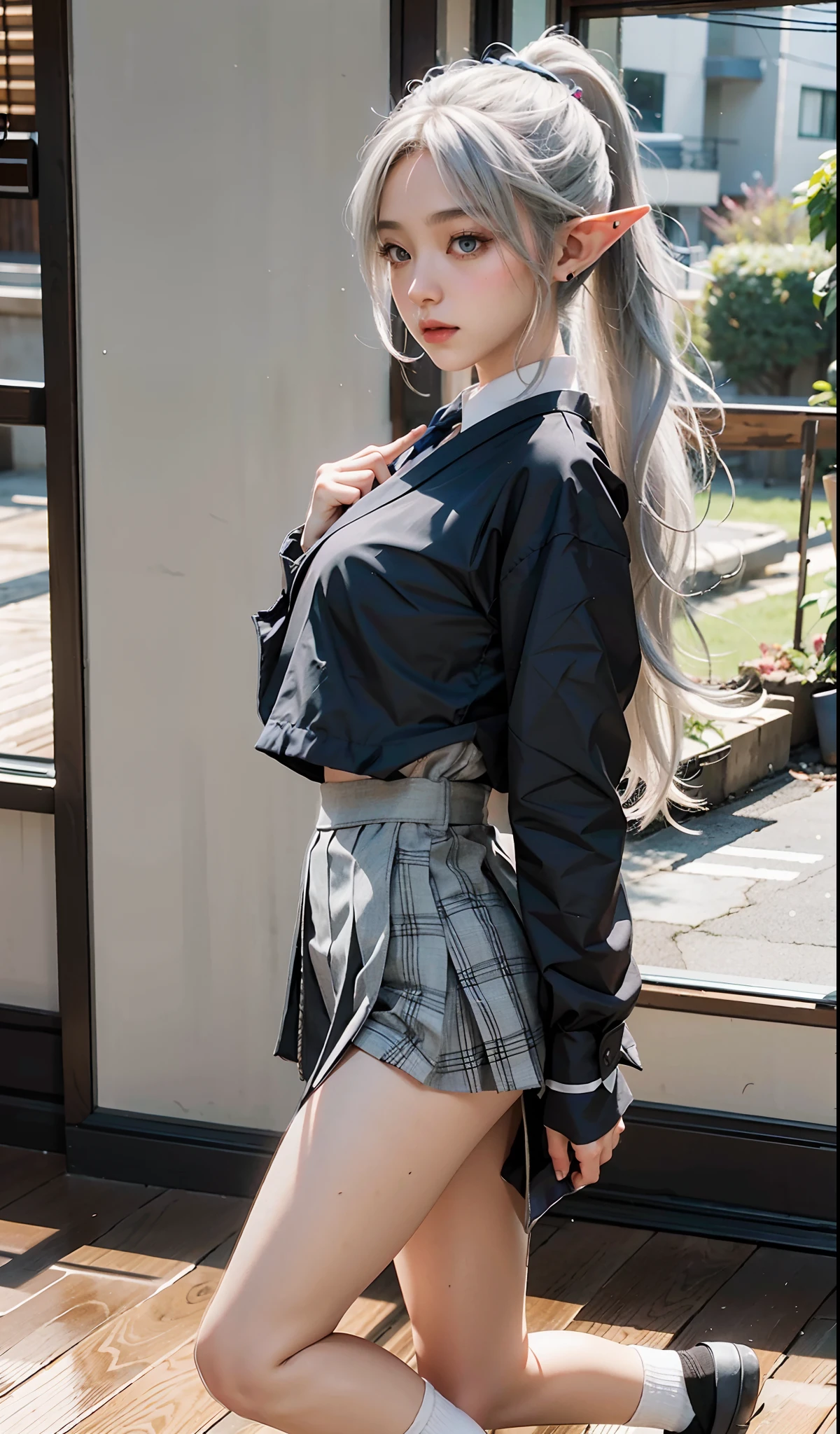 (Extremely normal body)Japanese-style town:1 Elf beauty,JK school uniform,(Elf long ears),Short silver-white hair,Half-tied ponytail。Uniform for female high school students),Short plaid skirt,Black socks, Black socks,black sock,slippers,Jade foot , very detailed eyes and faces, Sharp pupils, realistic pupil, tack sharp focus, cinmatic lighting,full bodyesbian,Bigboobs,long leges,From the front side,dynamicposes,Normal posture,closeup of face