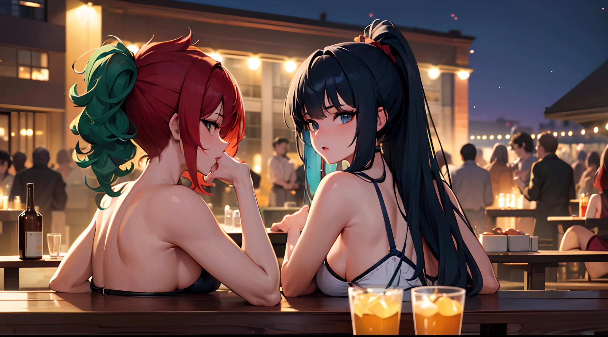 masterpiece, lots of detail, 4k, 8k, ((ultra-detailed)), highres, party, patio, night, alcohol, drunk, back, {red hair|green hair|black hair|blue hair}, {ponytail|short hair|long hair|curly hair}