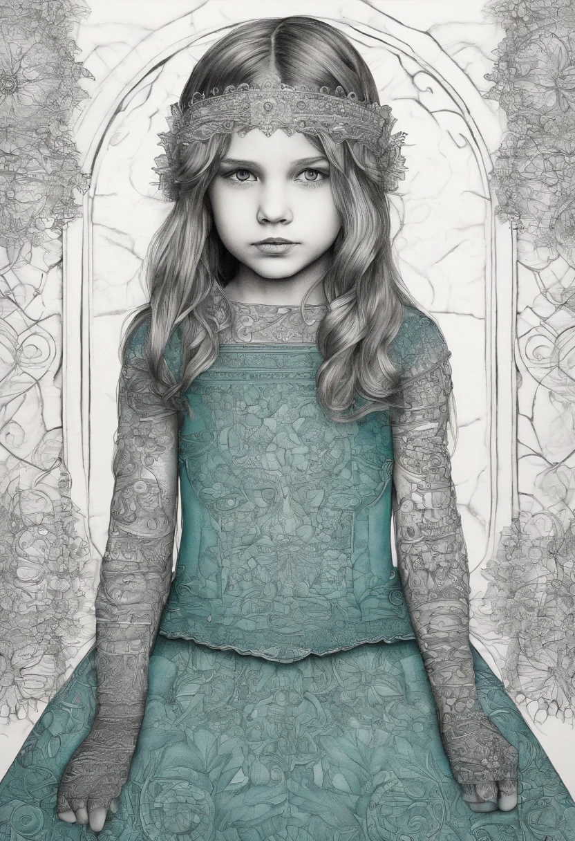 A 8 year old daughter with dark blonde hair and ice blue years wearing a dark green velvet dress