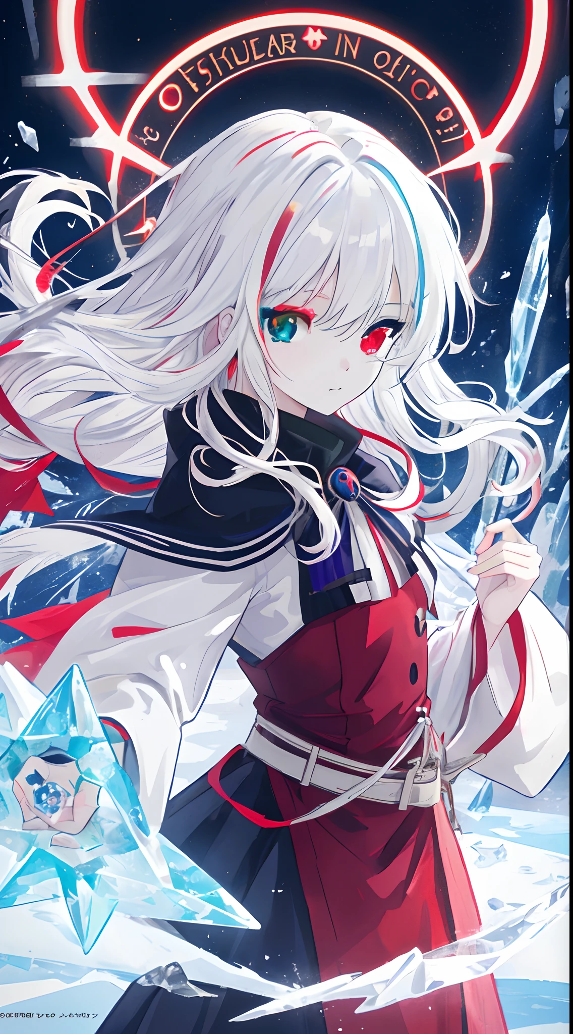 anime girl with long white hair holding a ice sword, ice magic circle, best anime 4k konachan wallpaper, white haired deity, art, anime art wallpaper 8 k, anime style 4 k, ufotable art style, detailed anime art, anime art wallpaper 4 k, anime art wallpaper 4k, white haired, anime wallaper, (((heterochromia, blue and red eyes)))