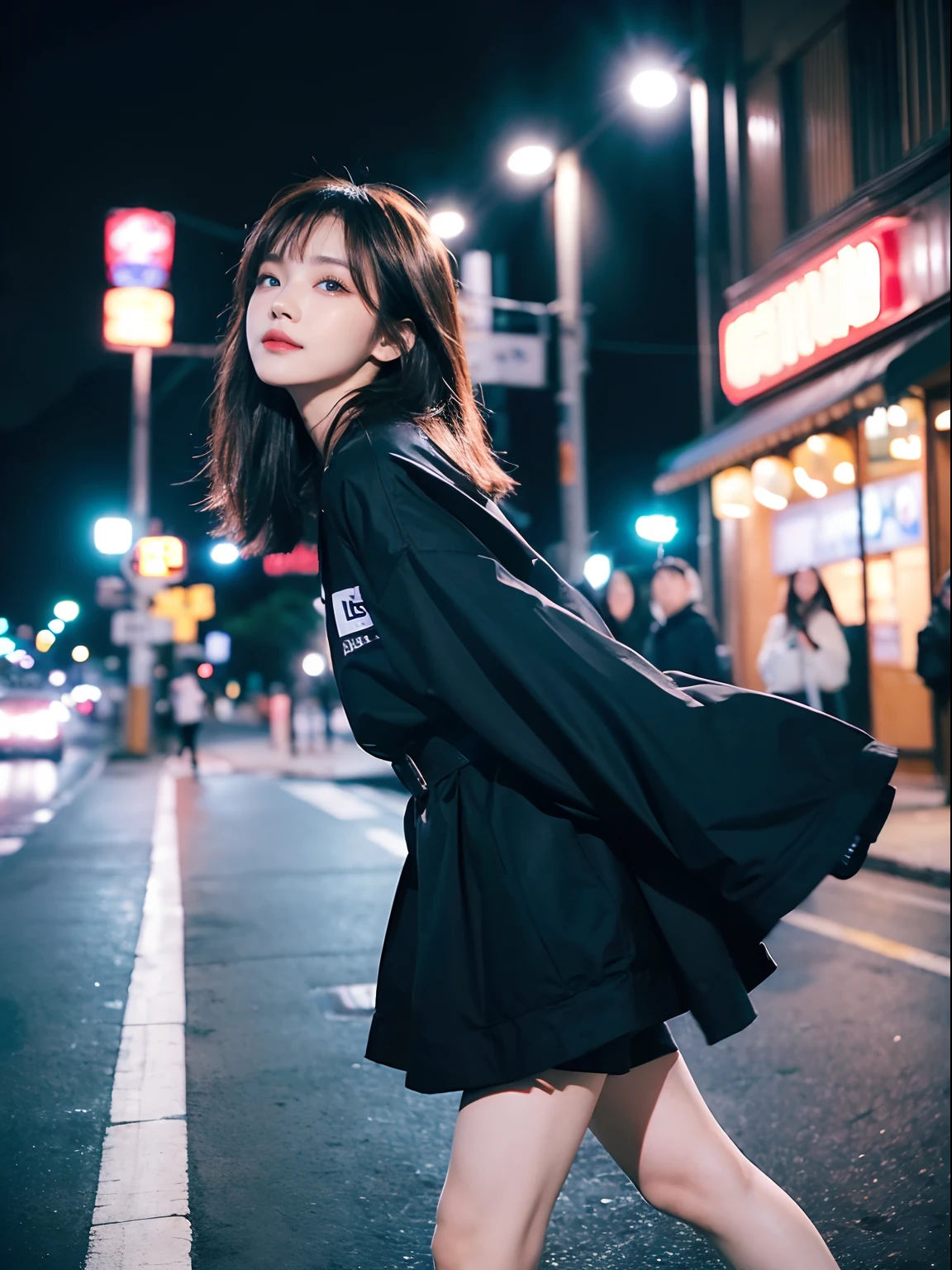 ((4K works))、​masterpiece、(top-quality)、1 beutiful girl、Slim body、((Attractive clothes in black and white))、(Detailed beautiful eyes)、Walking together on the road at night、Face similar to Carly Rae Jepsen、((Boyish Brown Medium Hair))、((Smaller face))、((Neutral face))、((Light blue eyes))、((American Girl))、((Adult female 26 years old))、((cool lady))、((A shy smile on his face))、((Korean Makeup))、((elongated and sharp eyes))、((Happy dating))、((boyish))、((She is walking in front of the viewer))、((Looking Up))、((shot from a side angle))