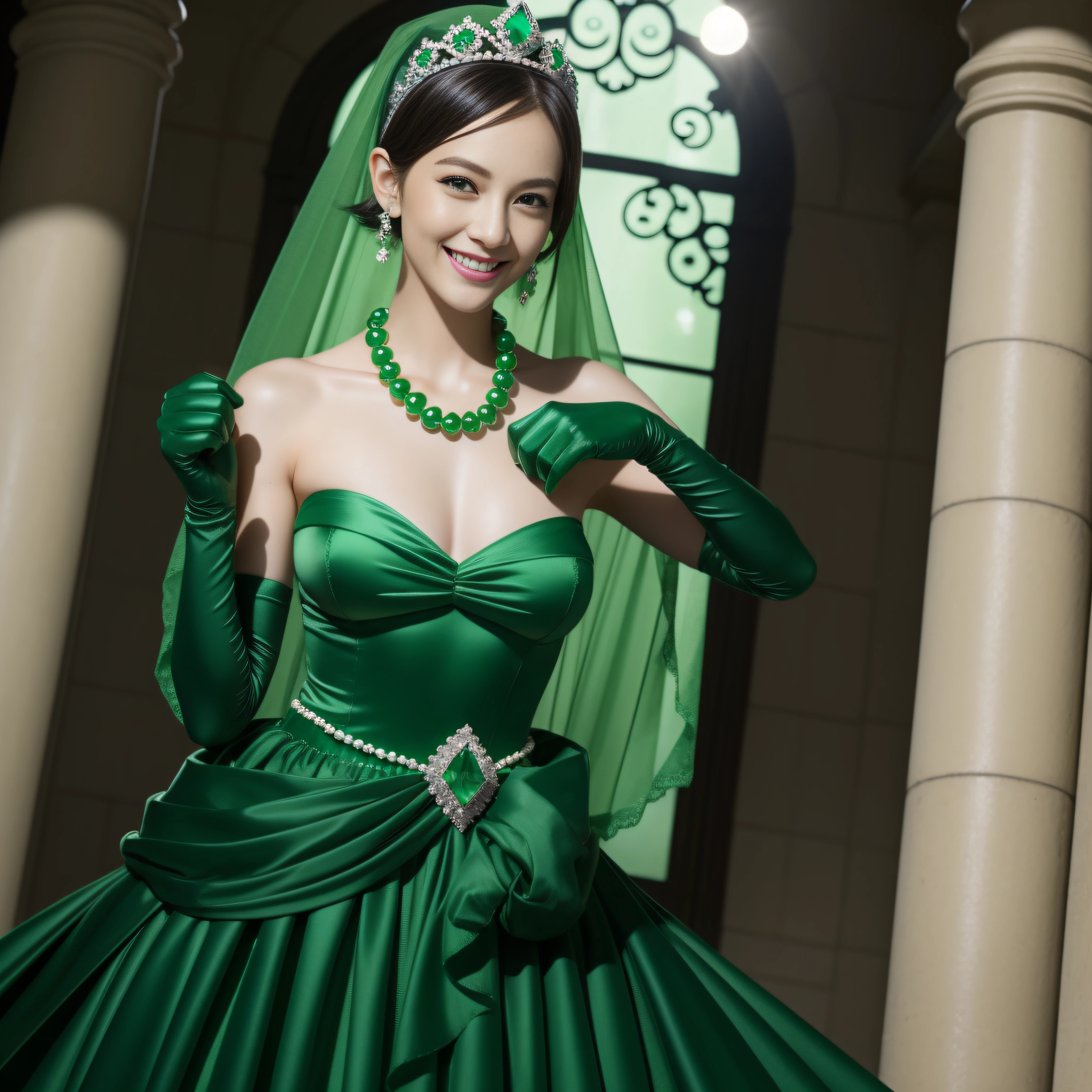 emerald tiara, Green Pearl Necklace, Boyish very short green hair, lipsticks, Japan woman smiling, very short short hair, fist, big breasts beautiful, Green eyes, Long green gloves made of satin material, Green eyes, Emerald Earrings