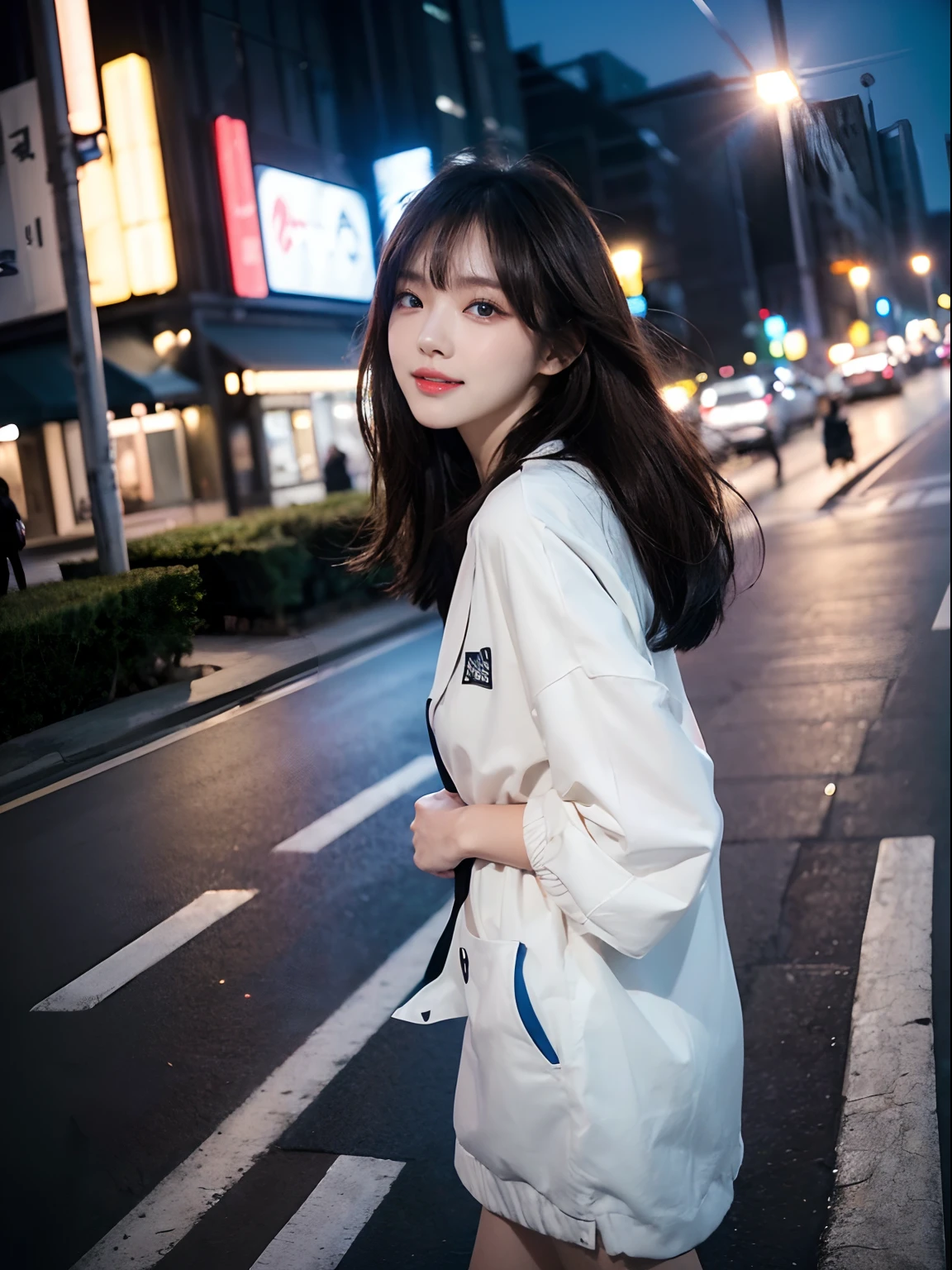 ((4K works))、​masterpiece、(top-quality)、1 beutiful girl、Slim body、((Attractive clothes in black and white))、(Detailed beautiful eyes)、Walking together on the road at night、Face similar to Carly Rae Jepsen、((Boyish Brown Medium Hair))、((Smaller face))、((Neutral face))、((Light blue eyes))、((American Girl))、((Adult female 26 years old))、((cool lady))、((A shy smile on his face))、((Korean Makeup))、((elongated and sharp eyes))、((Happy dating))、((boyish))、((She is walking in front of the viewer))、((Looking Up))、((shot from a side angle))