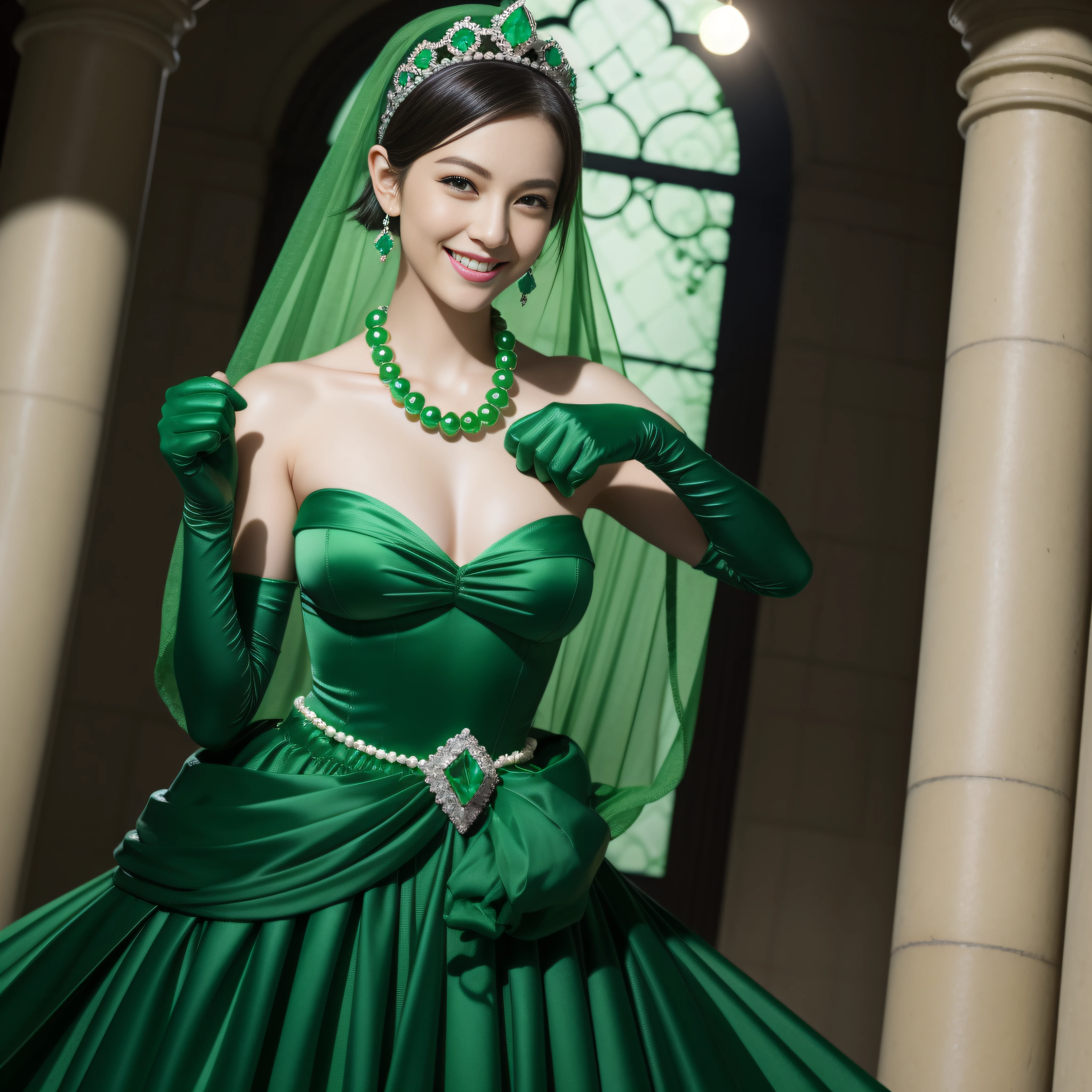 emerald tiara, Green Pearl Necklace, Boyish very short green hair, lipsticks, Japan woman smiling, very short short hair, fist, big breasts beautiful, Green eyes, Long green gloves made of satin material, Green eyes, Emerald Earrings