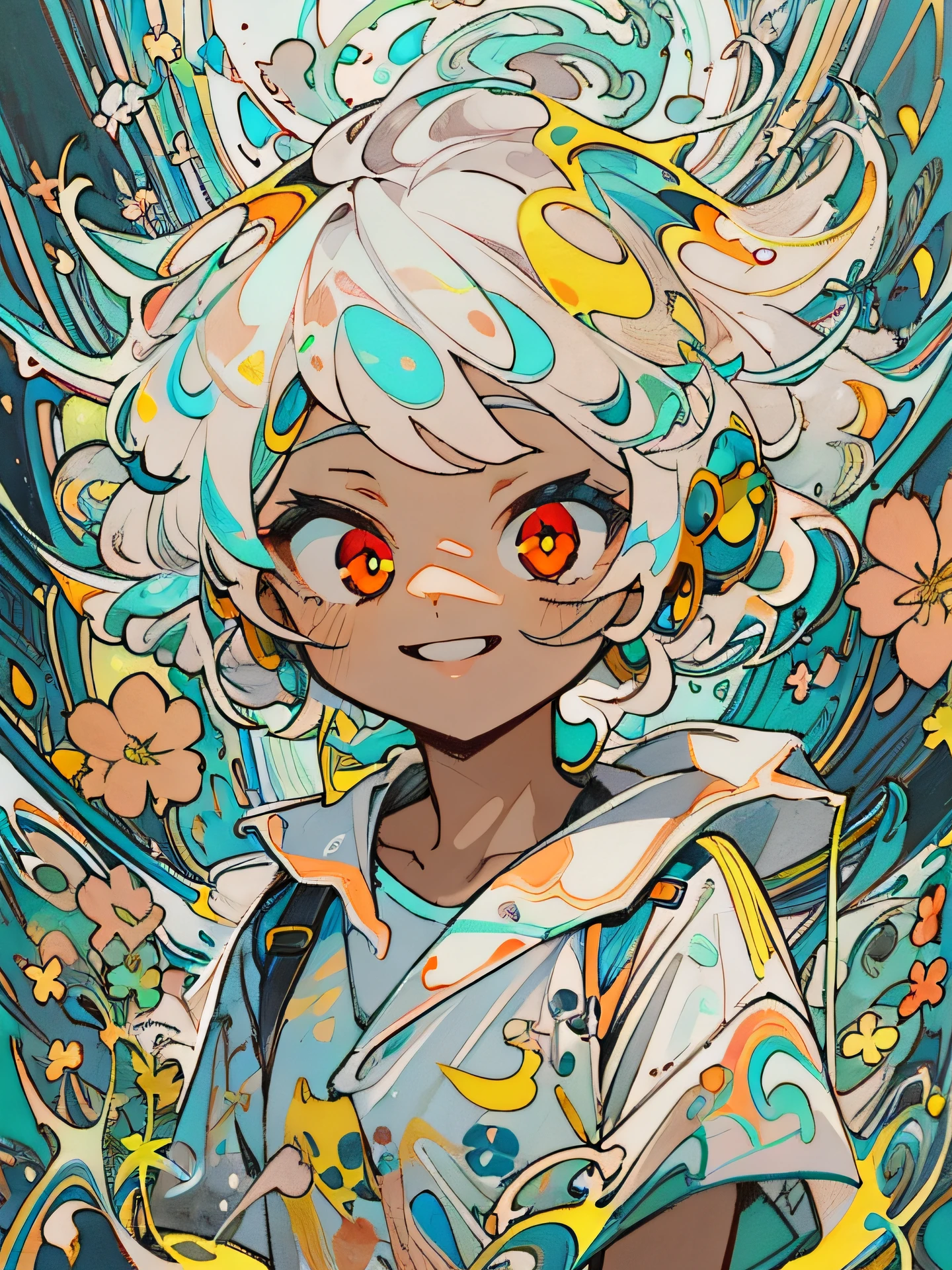 masterpiece, ultra-high quality, ( ultra detailed original illustration), ((chibi mode)),( little girl joyful facial expression, red eye, short hair, white hair, sunny smile, upper body, perfect body), ((street wear fashion)), ((flowers sakura)(graffiti)), double exposure, fussion of fluid abstract art, glitch, ( 2d), ( original illustration composition), ( fusion of limited color, maximalism artstyle, geometric artstyle, fire, junk art), yellow theme, background black