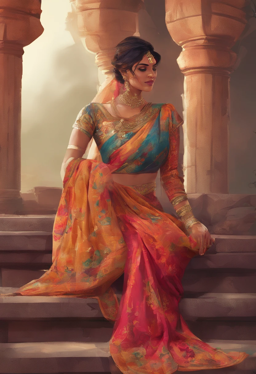 woman sitting on a stone ledge in a sari, traditional beauty, idian dress, dressed in a sari, sari, wearing a sari, with fluent cloths, colour, inspired by T. K. Padmini, by Max Dauthendey, wearing sari, * colour splash *, with lovely look, gorgeous lady, marvelous, very extremely beautiful, traditional, traditional clothes