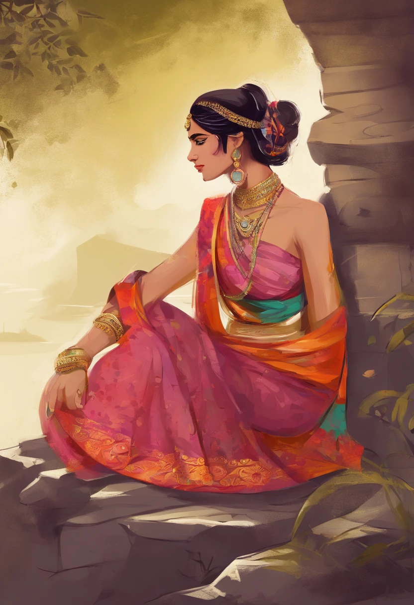 woman sitting on a stone ledge in a sari, traditional beauty, idian dress, dressed in a sari, sari, wearing a sari, with fluent cloths, colour, inspired by T. K. Padmini, by Max Dauthendey, wearing sari, * colour splash *, with lovely look, gorgeous lady, marvelous, very extremely beautiful, traditional, traditional clothes