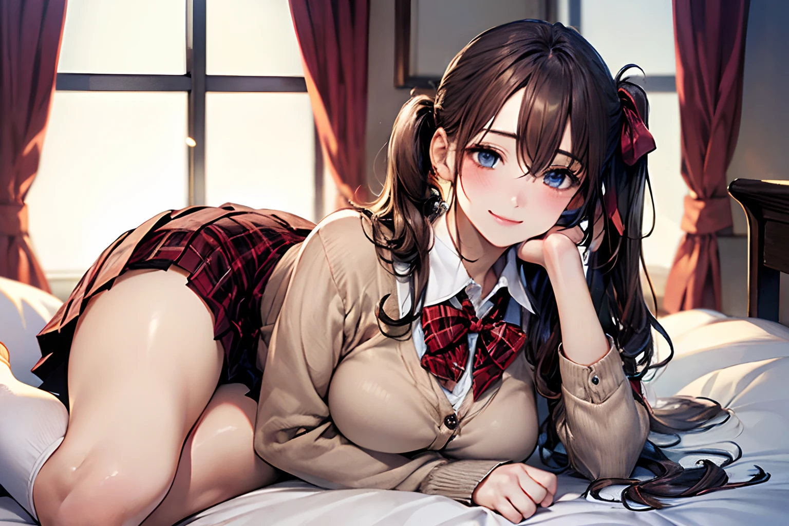 (masterpiece:1.2, top-quality), (realistic, photorealistic:1.4), beautiful illustration, NSFW,
looking at viewer, full body, front view:0.8,
1 girl, ((solo)), japanese, high school girl, light brown hair, (long hair:1.8), (side ponytail:1.7), bangs, hair between eye, blue eyes, large breasts:0.8, (thick thighs),
beautiful hair, beautiful face, beautiful detailed eyes, beautiful clavicle, beautiful body, beautiful chest, beautiful thigh, beautiful legs, beautiful fingers,
(beautiful scenery), dawn, bright and refreshing girl's room, curtains,
((red blazer, pleated mini skirt, white socks, red private school uniform:1.2, light blown cardigan, red plaid pleated skirt, red plaid bow tie, red plaid hair ribbon)), pink panties,
(swollen), ((seductive posture: 1.2, attractiveness: 1.2)),
(erotic, sexy, upper eyes, smile), shiny skin,
perfect face, cute and symmetrical face, natural side lighting, movie lighting),
((sleeping in bed, sleeping)),