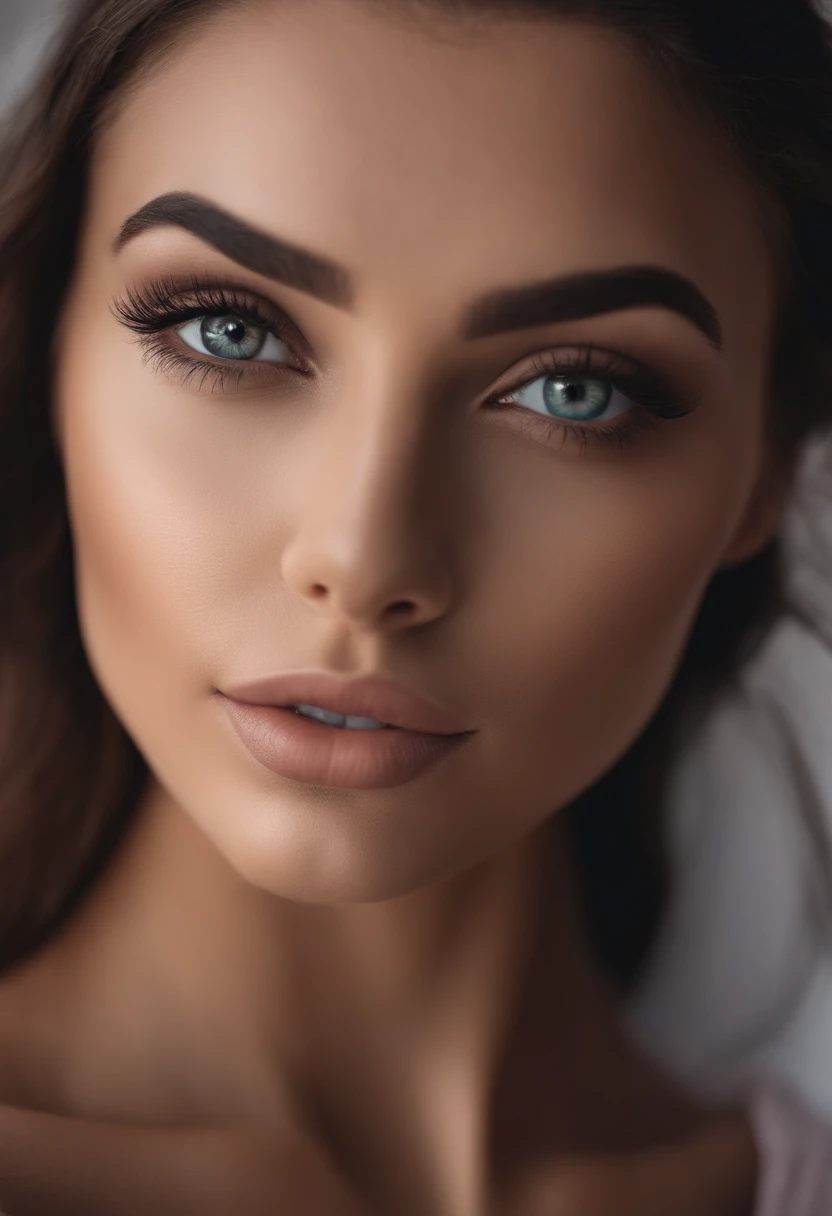 Arafed woman completely , fille sexy aux yeux bruns, ultra realist, Meticulously detailed, Portrait Sophie Mudd, cheveux bruns et grands yeux, selfie of a young woman, Dubai Eyes, Violet Myers, sans maquillage, maquillage naturel, looking straight at camera, Visage avec Artgram, Maquillage subtil, dans la chambre, Buste moyen