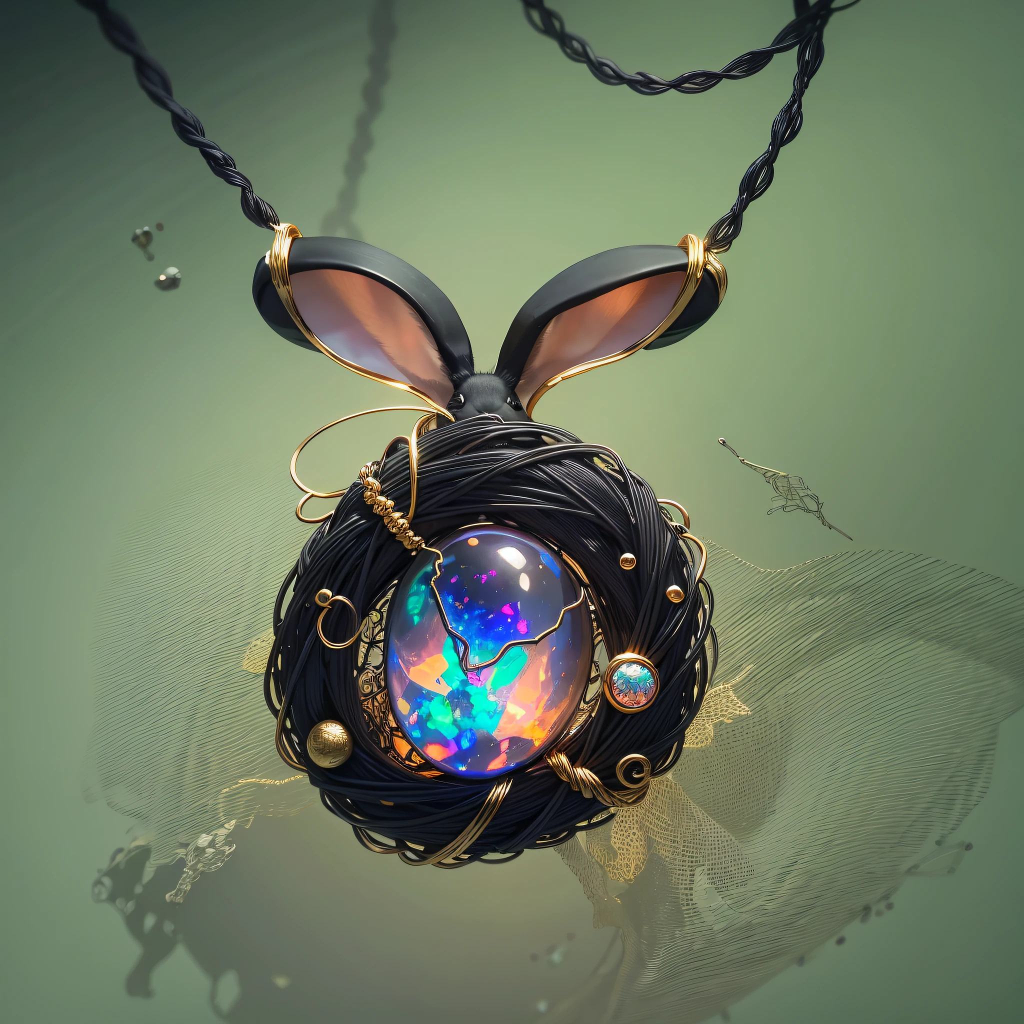 [Black Opal：1.8]
Gold wire weaving【Rabbit shape pendant,】Rabbit shape， Moon pendant wrapped in wire，There are opal beads， Beautifully structured，High contrast lens, 8K resolution Q2 -- Painted