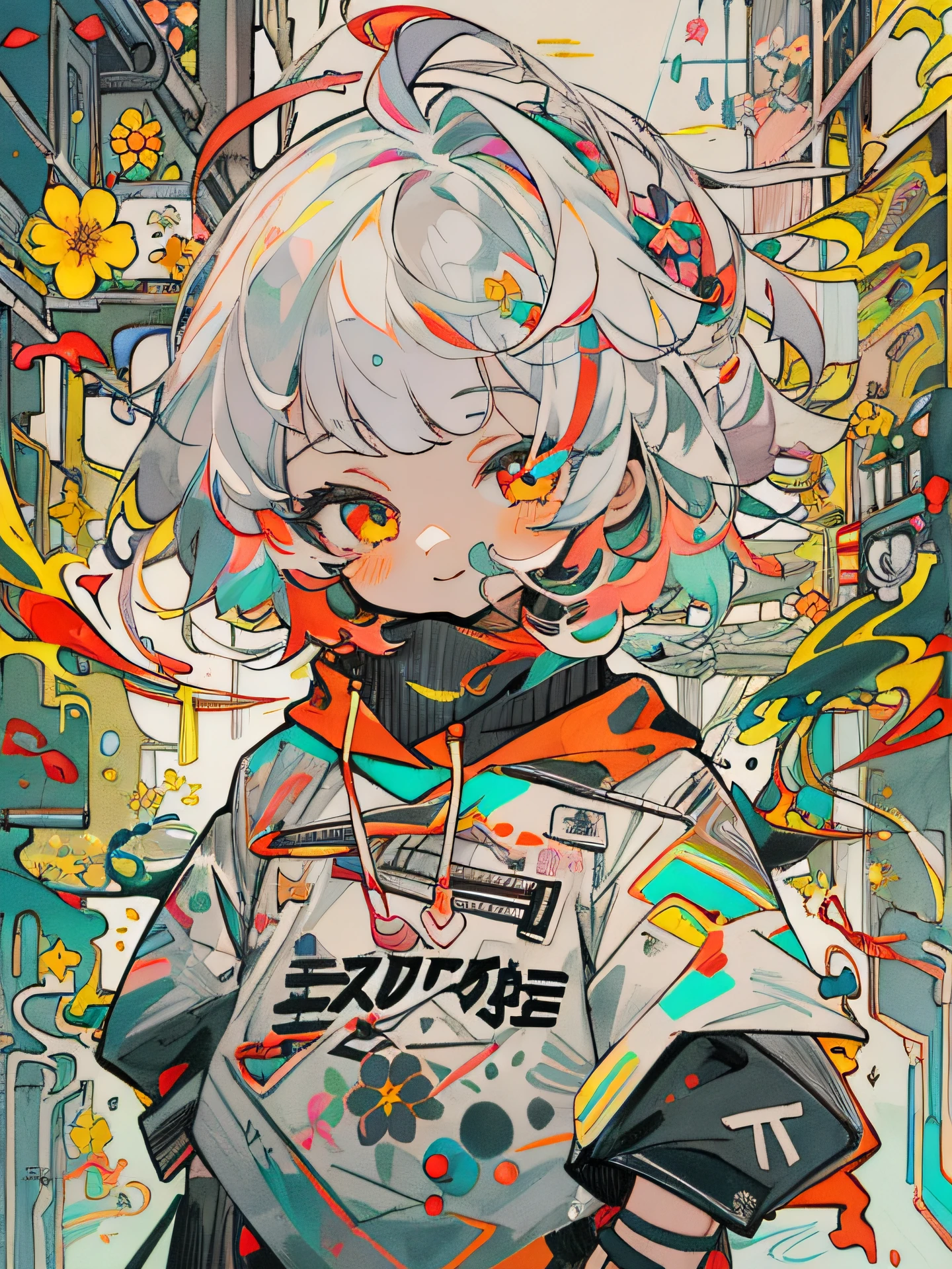 masterpiece, ultra-high quality, ( ultra detailed original illustration), ((chibi mode)),(  joyful facial expression, red eye, short hair, white hair, sunny smile, upper body, perfect body), ((street wear fashion)), ((flowers sakura)(graffiti)), double exposure, fussion of fluid abstract art, glitch, ( 2d), ( original illustration composition), ( fusion of limited color, maximalism artstyle, geometric artstyle, fire, junk art), yellow theme, background black