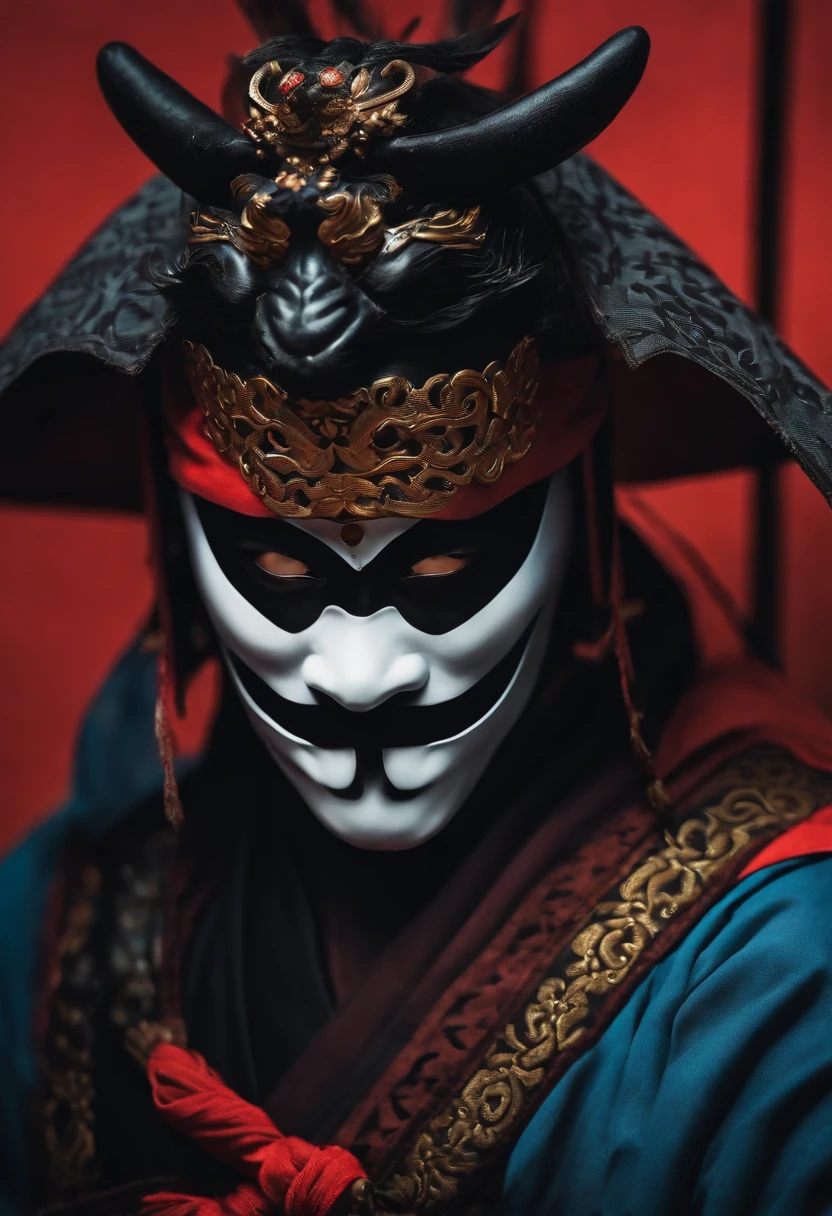 a ninja with a Japanese oni mask, com uma roupa preta, menacingly