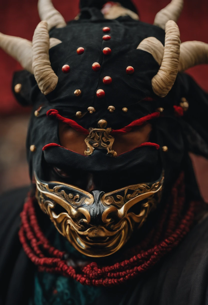 a ninja with a Japanese oni mask, com uma roupa preta, menacingly