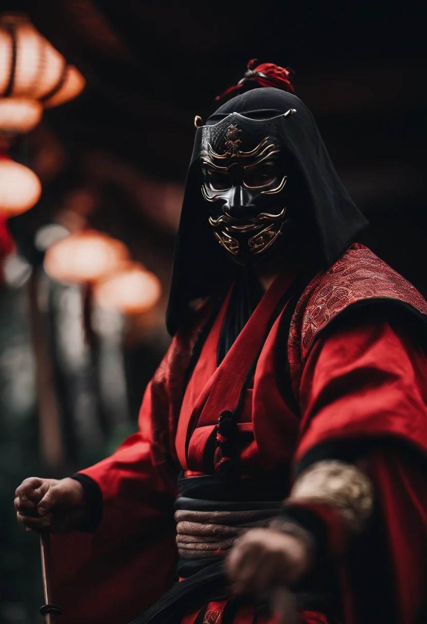 a ninja with a Japanese oni mask, com uma roupa preta, menacingly