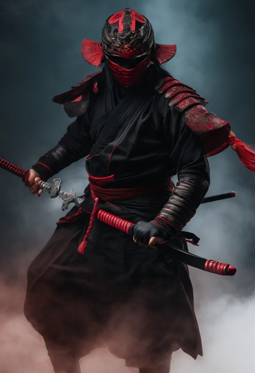 a ninja with a Japanese oni mask, com uma roupa preta, menacingly