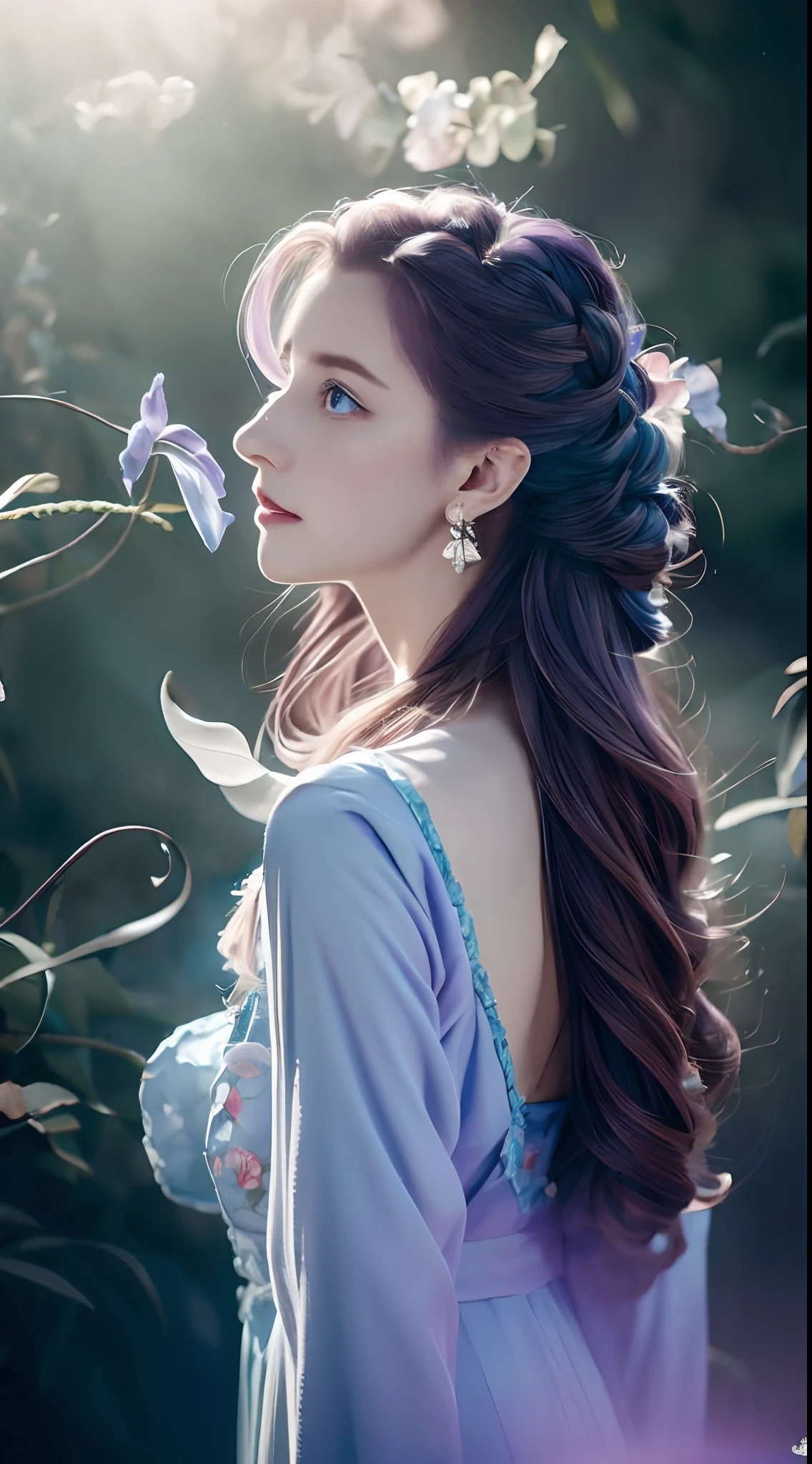 Long lavender hair,bell,pale blue color eyes,Red floral tattoo,Crystal earrings,Quidom,(surrealism:1.1),(Cinematic lighting:1.05),(reflective light:1.1),(Letterbox format:1.15),(profile:1.05),(From behind:1.1),超高分辨率,Masterpiece:1.2,Highly detailed，Fuzzy dragon-shaped smoke