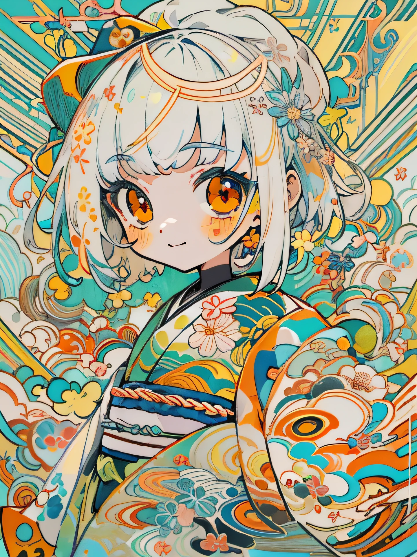 masterpiece, ultra-high quality, ( ultra detailed original illustration), ((chibi mode)),( little girl joyful facial expression, red eye, short hair, white hair, sunny smile, upper body, perfect body), ((kimono fashion)), ((flowers sakura)(graffiti)), double exposure, fussion of fluid abstract art, glitch, ( 2d), ( original illustration composition), ( fusion of limited color, maximalism artstyle, geometric artstyle, fire, junk art), yellow theme, background black