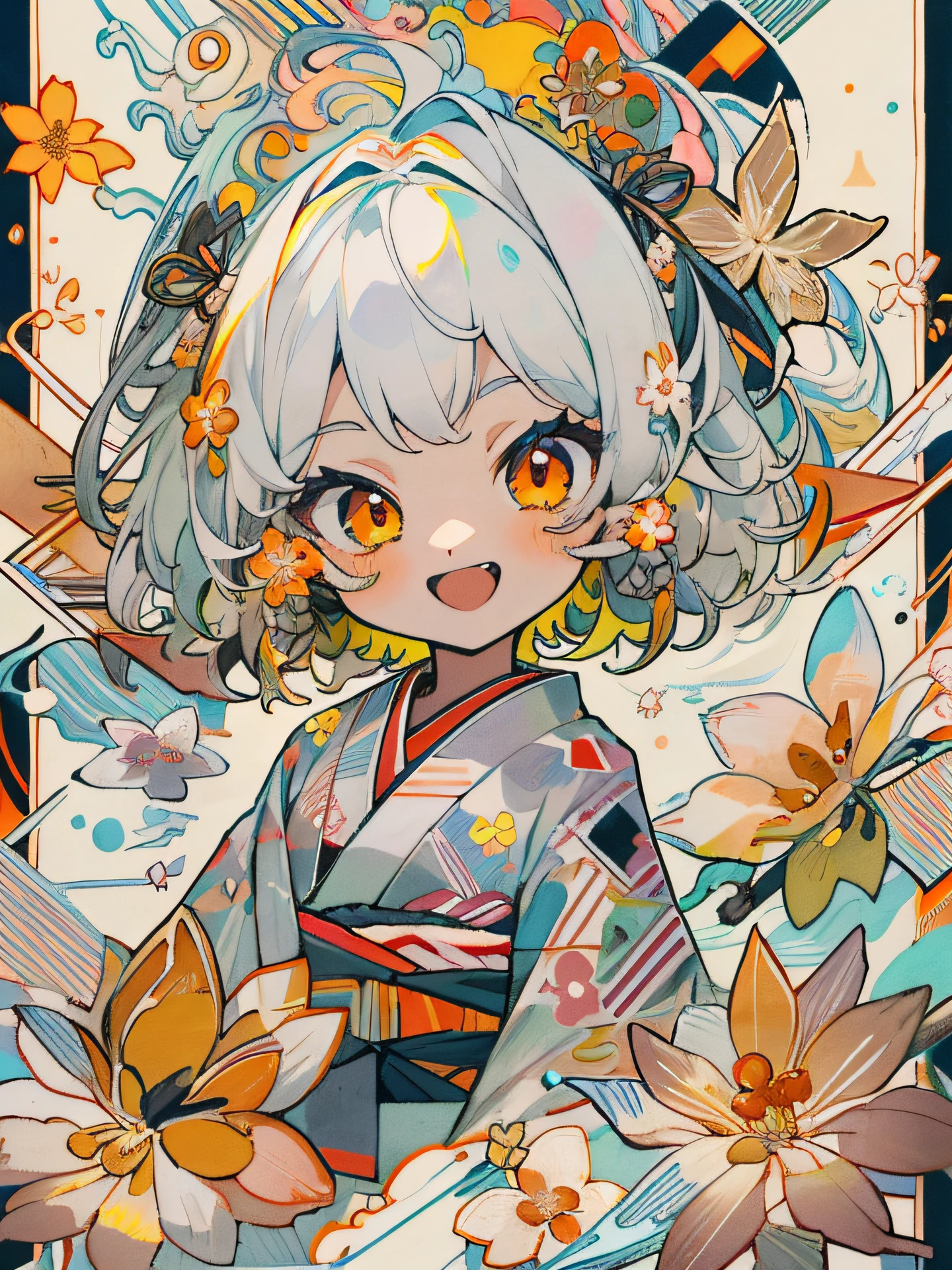 masterpiece, ultra-high quality, ( ultra detailed original illustration), ((chibi mode)),(  joyful facial expression, red eye, short hair, white hair, sunny smile, upper body, perfect body), ((kimono fashion)), ((flowers sakura)(graffiti)), double exposure, fussion of fluid abstract art, glitch, ( 2d), ( original illustration composition), ( fusion of limited color, maximalism artstyle, geometric artstyle, fire, junk art), yellow theme, background black