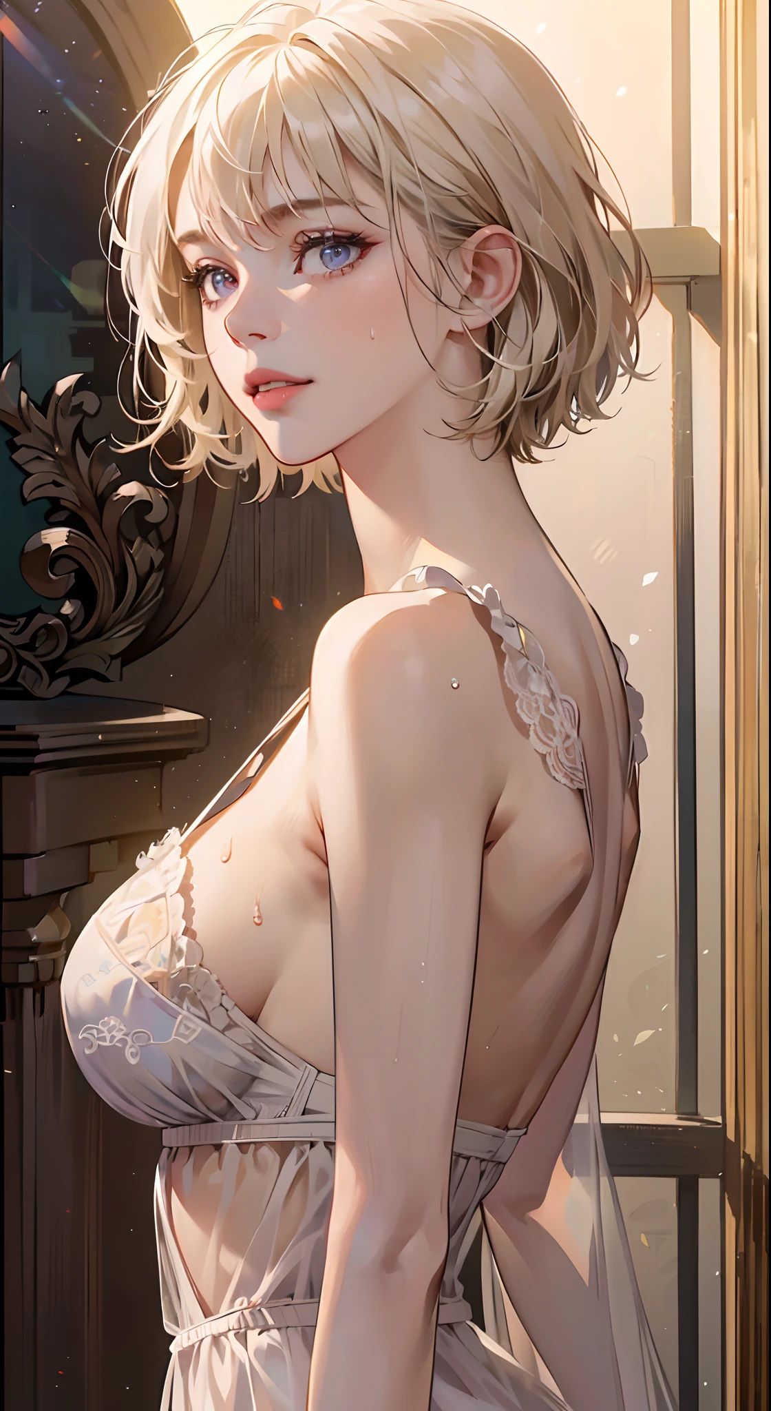 ((((masterpiece, best quality, high resolution)))), Extremely detailed 8K, Beautiful girl with voluptuous body, (Ultra HD, Ultra-detailed, Highly detailed, Highly realistic, Ultra-realistic, photograph realistic), (1girl:1.5), (Realistic white hair), short wavy hair, bob cut, (dynamicposes), facing at camera, light smile, parted lips, purple eyes, average breasts, sagging breasts, (beautiful detailed face, beautiful detailed eyes), white lingerie, sweat, glow, (sunbeam, sunlight)