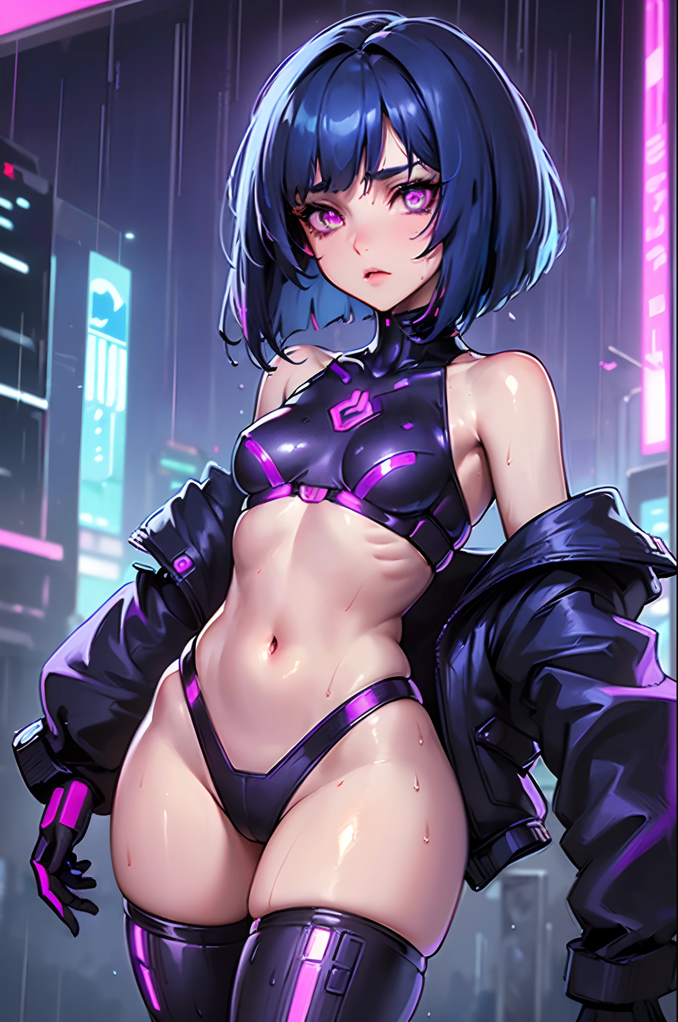 Woman, (against the backdrop of a cyberpunk city:1.3), (tech minisuit:1.3), (small breasts:1.4), (flat chest:1.3), (dim lighting:1.3), (detailed hair:1.3), (bob haircut:1.3), (blue hair:1.3), (highly detailed:1.3), (glowing purple eyes:1.4), (detailed face and eyes:1.3), (wide hips:1.3), (thick thighs:1.3), (night:1.3), (rain:1.3), (wet body:1.3), (cyberpunk implants:1.3).