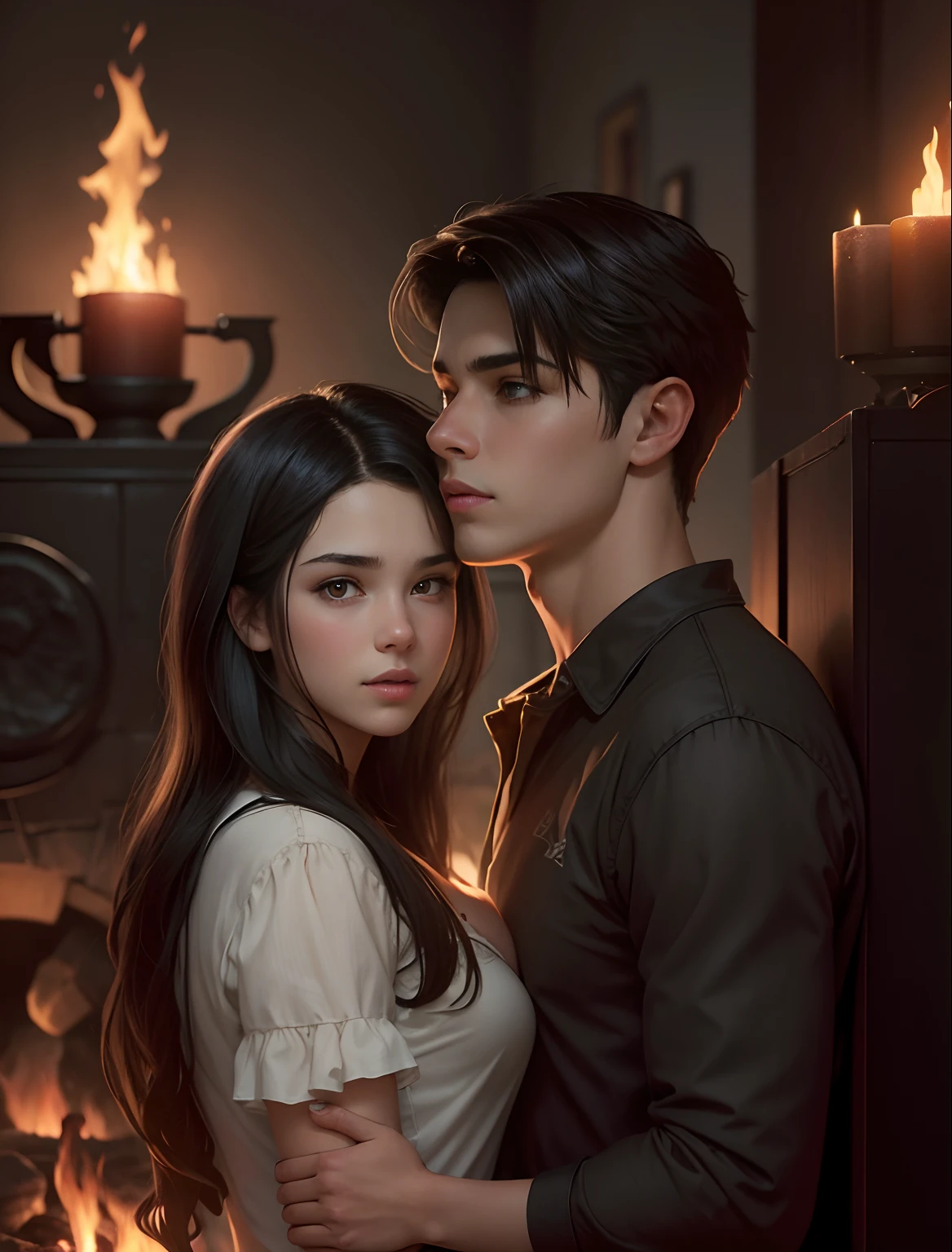 Poster de romance adolescente americano: A haired girl hugs a black-haired boy, Two agers around the fire, casal apaixonado, garota de cabelo vermelho