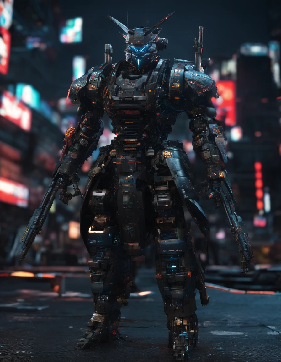 brutal robotic armor, ((samurai)), best quality, , ((extremely detailed)), 8k, high quality, cinematic, hyper realistic, ray tracing, hdr, dynamic perspective, deep depth of field, (3D model, full body, standing solo, dynamic pose, stickers, stylized paint scheme, leds, japanese tech, cyberpunk rooftop background at night), (nighttime), (hdri:0.35, bloom:0.25, rim lighting, soft lighting, low key), dark theme:0.66, futobot confident,