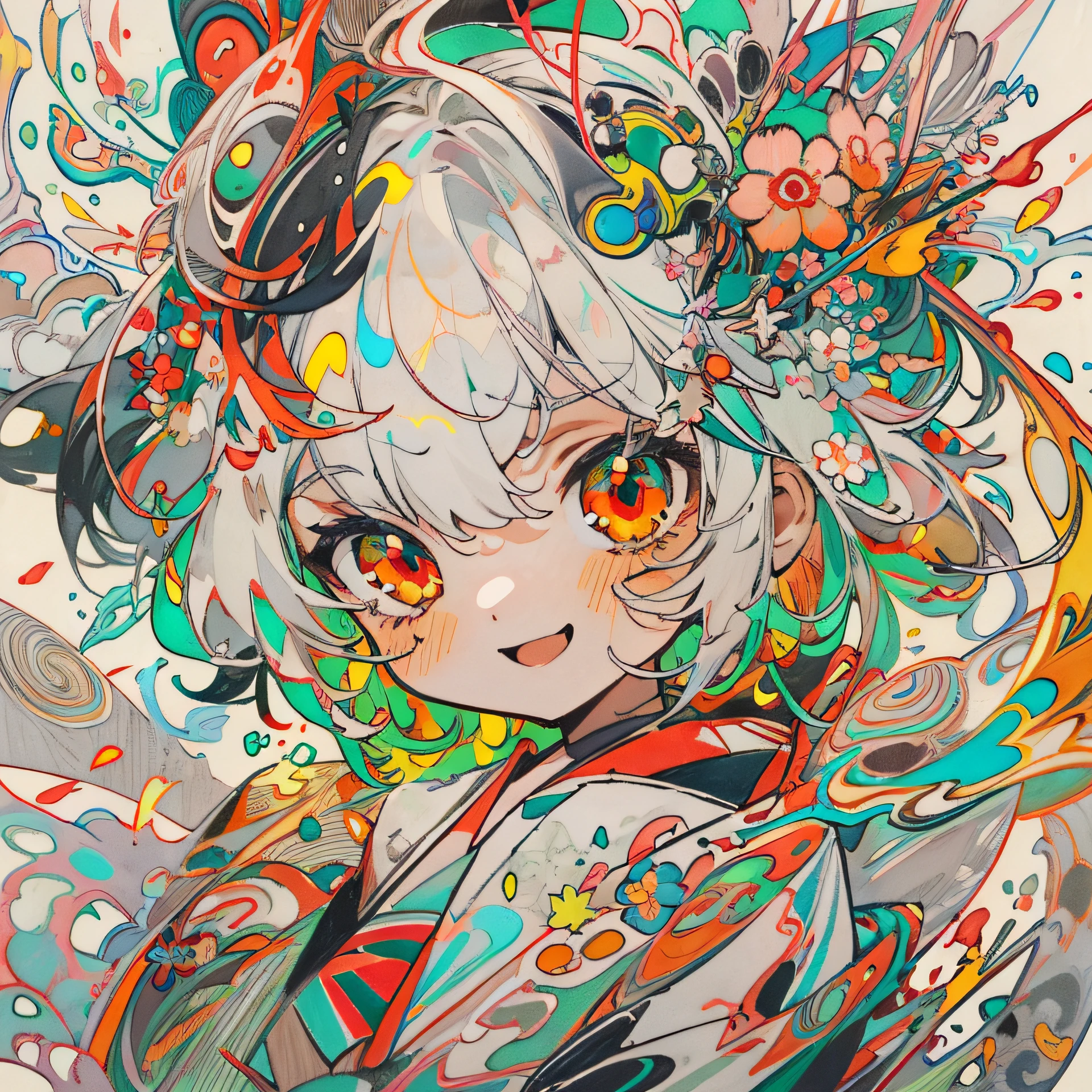 masterpiece, ultra-high quality, ( ultra detailed original illustration), ((chibi mode)),(  joyful facial expression, red eye, short hair, white hair, sunny smile, upper body, perfect body), ((kimono fashion)), ((flowers sakura)(graffiti)), double exposure, fussion of fluid abstract art, glitch, ( 2d), ( original illustration composition), ( fusion of limited color, maximalism artstyle, geometric artstyle, fire, junk art), yellow theme, background black