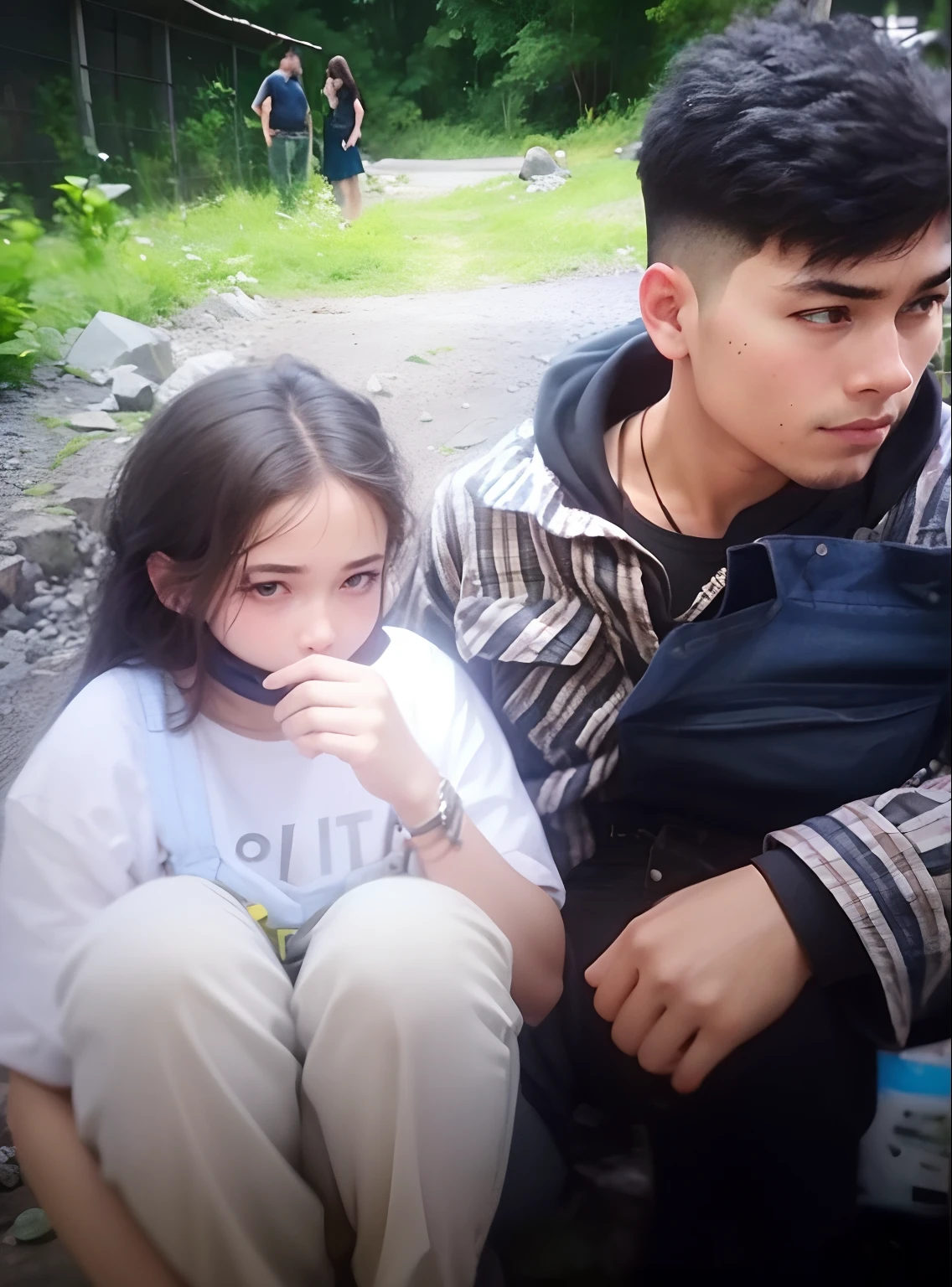 Don’t change face like normal overalls posing for a picture, realistic couple photo, don’t change background overalls, blue overalls, wearing overalls, photo of slim girl, very low quality, photo of slim girl model, 2263539546], ultra high quality model, very very low quality, casual clothes