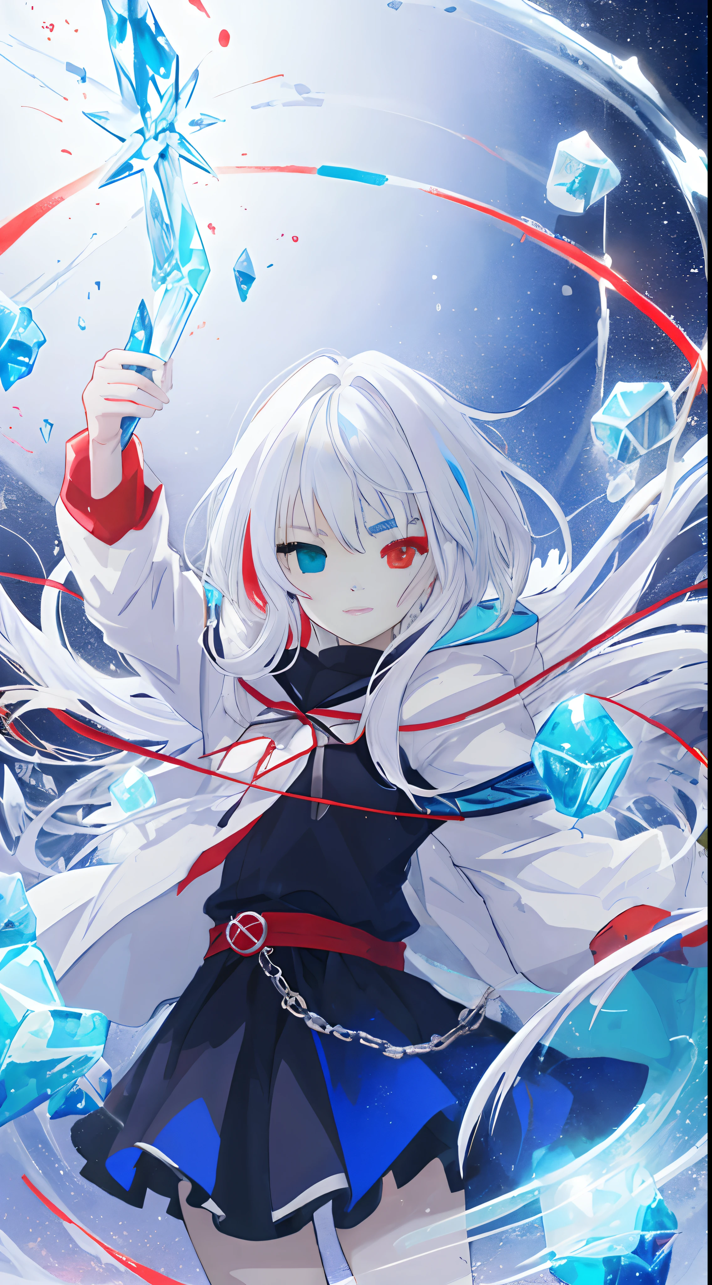anime girl with long white hair holding a ice sword, ice magic circle, best anime 4k konachan wallpaper, white haired deity, art, anime art wallpaper 8 k, anime style 4 k, ufotable art style, detailed anime art, anime art wallpaper 4 k, anime art wallpaper 4k, white haired, anime wallaper, (((heterochromia, blue and red eyes)))