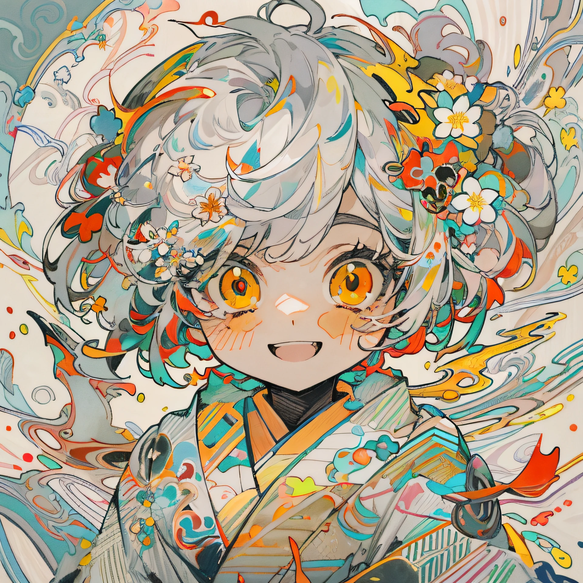 masterpiece, ultra-high quality, ( ultra detailed original illustration), ((chibi mode)),( *********** joyful facial expression, red eye, short hair, white hair, sunny smile, upper body, perfect body), ((kimono fashion)), ((flowers sakura)(graffiti)), double exposure, fussion of fluid abstract art, glitch, ( 2d), ( original illustration composition), ( fusion of limited color, maximalism artstyle, geometric artstyle, fire, junk art), yellow theme, background black