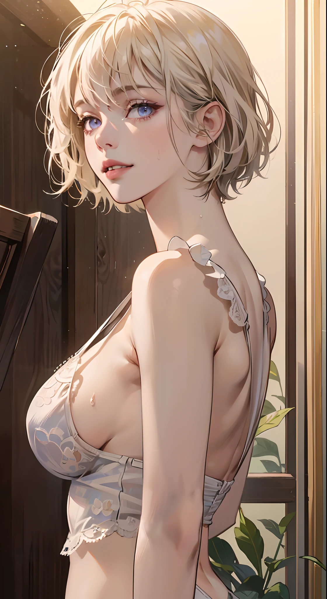 ((((masterpiece, best quality, high resolution)))), Extremely detailed 8K, Beautiful girl with voluptuous body, (Ultra HD, Ultra-detailed, Highly detailed, Highly realistic, Ultra-realistic, photograph realistic), (1girl:1.5), (Realistic white hair), short wavy hair, bob cut, (dynamicposes), facing at camera, light smile, parted lips, purple eyes, average breasts, sagging breasts, (beautiful detailed face, beautiful detailed eyes), white lingerie, sweat, glow, (sunbeam, sunlight)