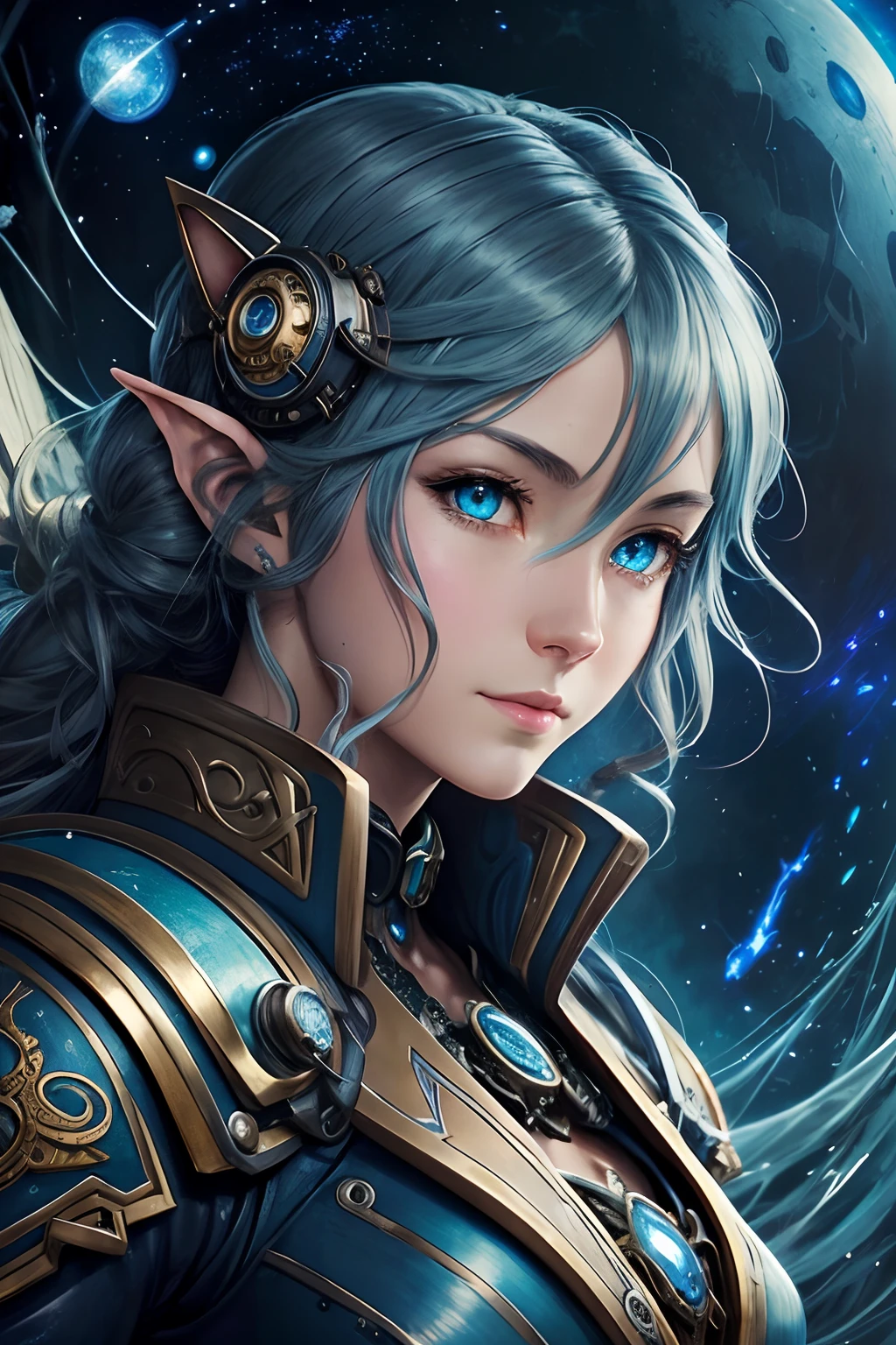 steampunk mecha anime elven pilot concept, detailed oil painting, masterpiece, distinct, high quality, hyper detail, (very beautiful cat girl), blue sea glowing eyes, cute face, stars in hair, detailed portrait, wide angle, glowing, sharpness, Arthur Rackham, Ida Rentoul Outhwaite, Vilhelm Pedersen,