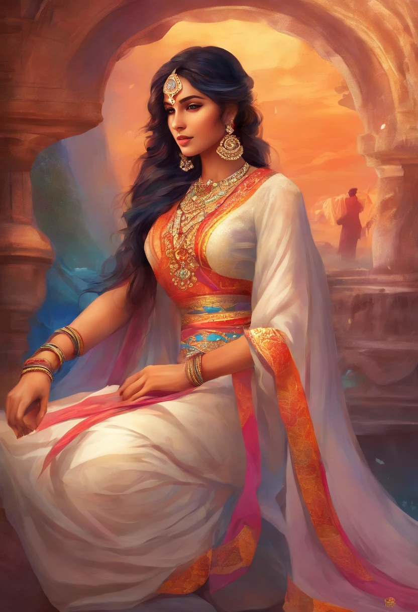 woman sitting on a stone ledge in a sari, traditional beauty, idian dress, dressed in a sari, sari, wearing a sari, with fluent cloths, colour, inspired by T. K. Padmini, by Max Dauthendey, wearing sari, * colour splash *, with lovely look, gorgeous lady, marvelous, very extremely beautiful, traditional, traditional clothes