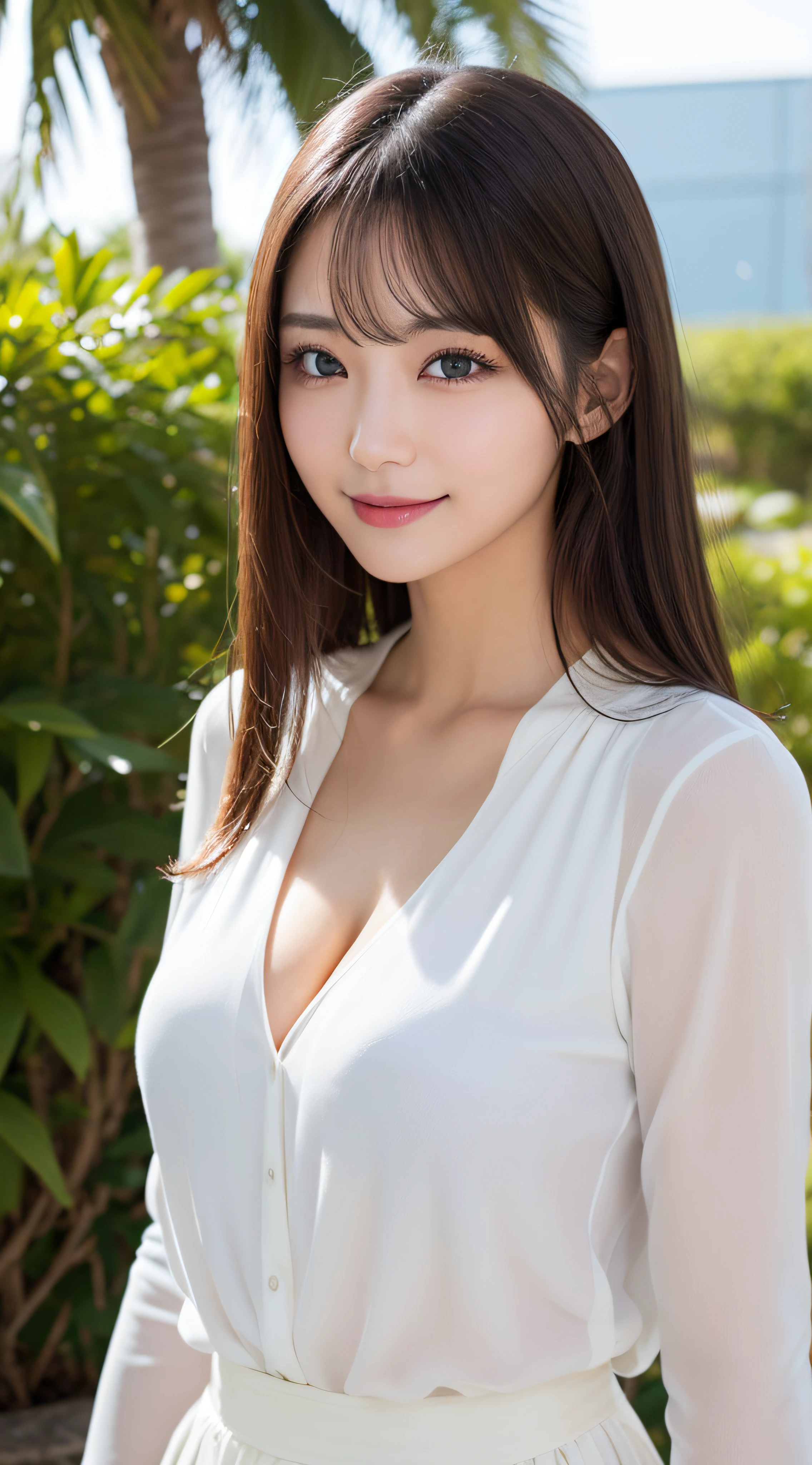 masutepiece, Best Quality, Photorealsitic, finely detail, hight resolution, 8K Wallpapers, Perfect dynamic composition, Beautiful detailed eyes, Medium Hair, large full breasts, Random and sexy poses,Bring your chest together、(See-through white blouse)、Cleavage looks realistic)、(Breast bulge 1.2)、A smile、open open mouth、Resort scenery、25-years old、(Drooping eyes 1.4)、Adult beauty、japanes