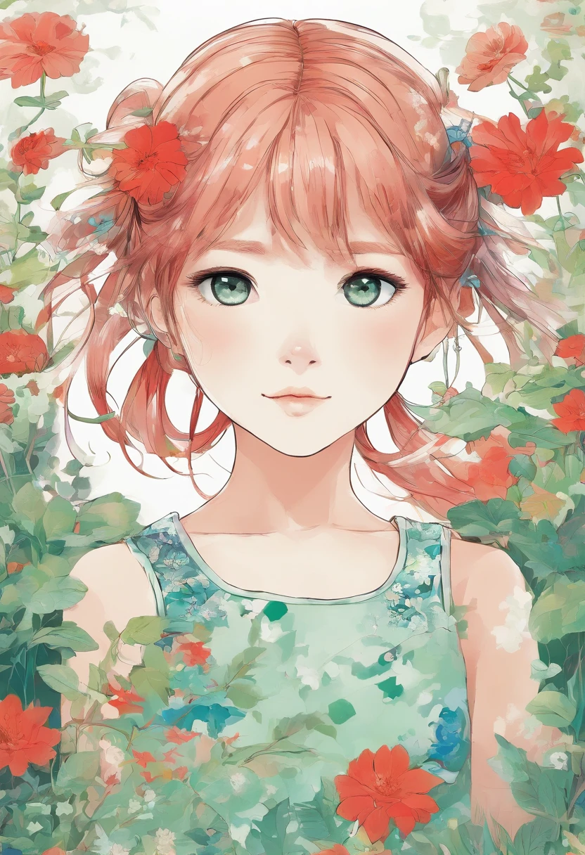 "A daughter with red piggytails and pale green eyes wearing a light green and blue floral dress