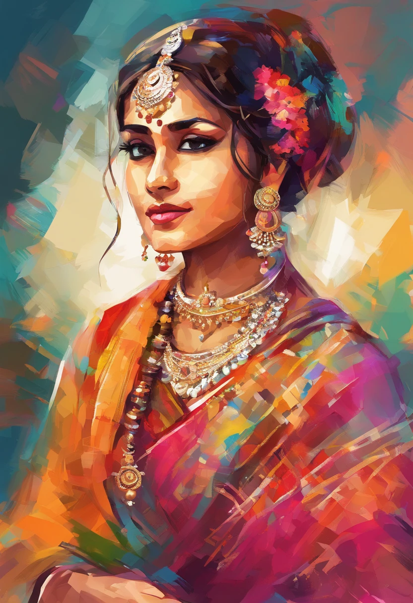 woman sitting on a stone ledge in a sari, traditional beauty, idian dress, dressed in a sari, sari, wearing a sari, with fluent cloths, colour, inspired by T. K. Padmini, by Max Dauthendey, wearing sari, * colour splash *, with lovely look, gorgeous lady, marvelous, very extremely beautiful, traditional, traditional clothes