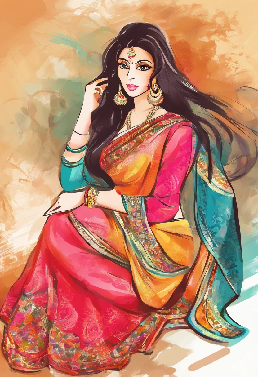 woman sitting on a stone ledge in a sari, traditional beauty, idian dress, dressed in a sari, sari, wearing a sari, with fluent cloths, colour, inspired by T. K. Padmini, by Max Dauthendey, wearing sari, * colour splash *, with lovely look, gorgeous lady, marvelous, very extremely beautiful, traditional, traditional clothes
