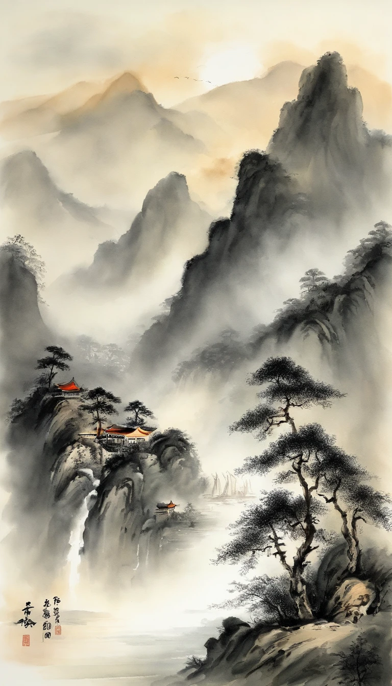 Chinese landscape painting,ink and watercolor painting,water ink,ink,Smudge,Faraway view,Ultra-wide viewing angle,Meticulous,water ink,Smudge,Meticulous,Smudge,low-saturation,Low contrast,The light boat has crossed the Ten Thousand Heavy Mountains,Beautifully depicted,A detailed,acurate,Works of masters,tmasterpiece