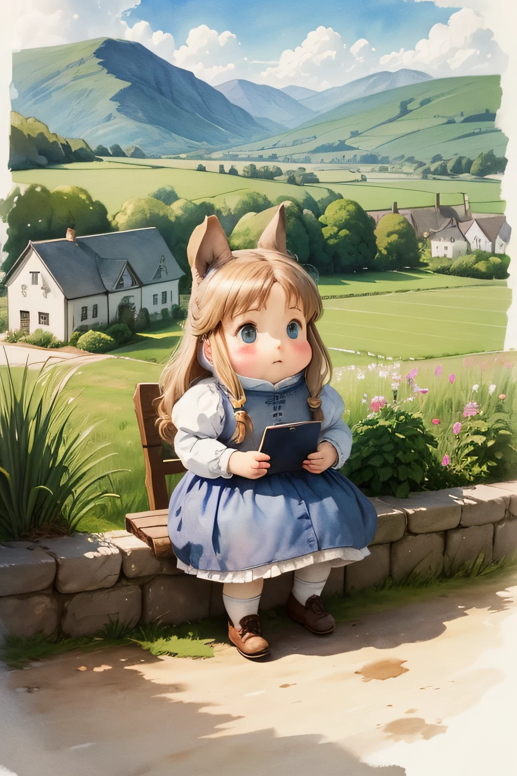 Beatrix Potter style watercolor. By Henry Cavill, Chibi style, cartoonish, they are in a rural school, landscape of pastel colors.