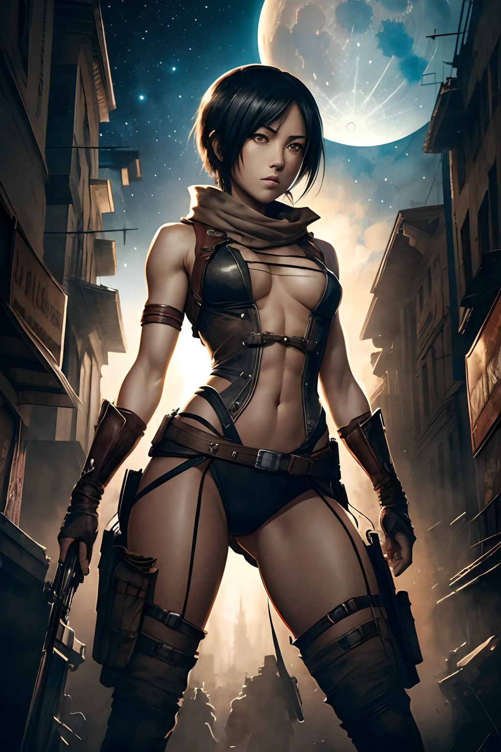 Mikasa, Attack on Titan moon and stars, (MUSCULAR BODY), digital illustration, comic book style, steampunk noir, perfect anatomy, centered, approaching perfection, dynamic, highly detailed, watercolor painting, artstation, concept art, soft, sharp focus, illustration, Disney : Banksy : Carne Griffiths : Wadim Kashin, centered