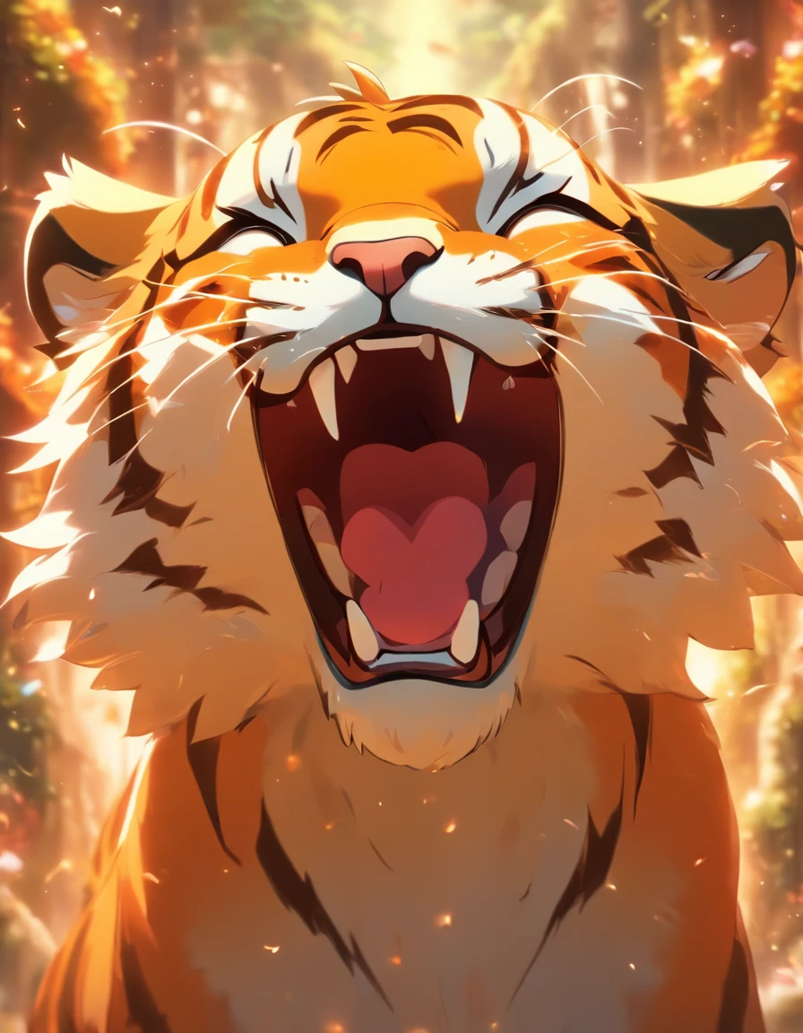 a sence of awe and wonder, a small humanoid tiger cub yawning, ((yawning:1.4)) wearing cool sunglasses, mouth wide open , teary eyes, beautiful nature , warm colors, magical , butterflies in the background , fantasy style rendering