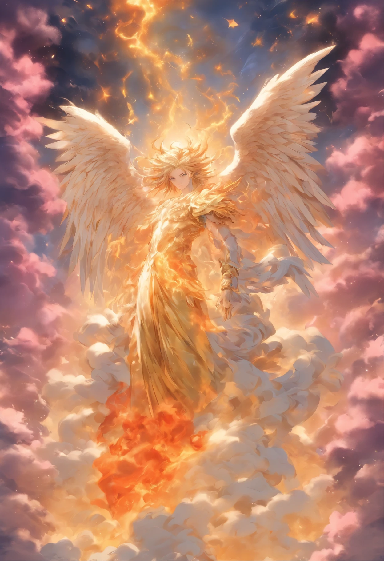 Fallen angels,Heaven and hell,Classicism-like artistic sense,Strong religious atmosphere,Parchment paper feel,Yellowed canvas background,(Light and dark transitions from top to bottom:1.5),(The top is milky white,Platinum, gold and light gray are the three colors of the main body of the picture:1.3)+(The bottom is purple,black in color,Orange-red is the three colors of the polygon body:1.3)+(The middle color is high-keyed:1.3),hyper HD, retinas, Anatomically correct, Textured skin, Super detail, Best quality, A high resolution